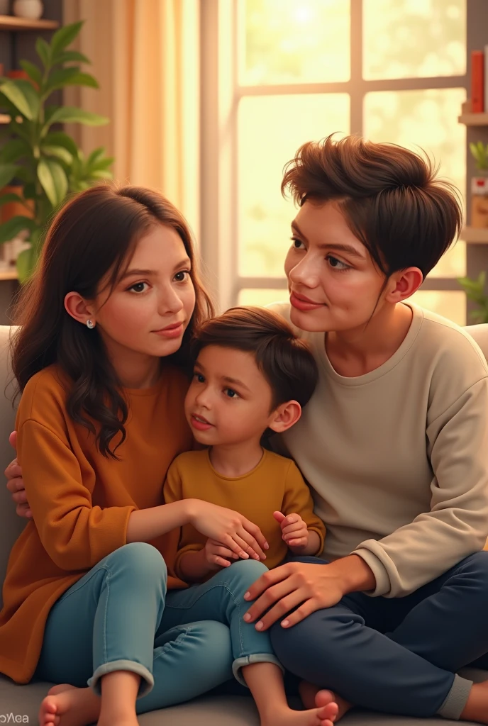 Foto keluarga indonesia realistis, perempuan usia 40 tahun rambut side parted pendek wajah bersih , gadis usia 25 tahun,wajah oval, (chubby) memakasi dress rambut panjang lurus. anak perempuan usia 2tahun, dan satu laki-laki usia 5 tahun, pakaian kasual modern, duduk di sofa warna crem Background rumah modern ,luas ,photography, HD. wajah, tangan , dan kaki lengkap detail.