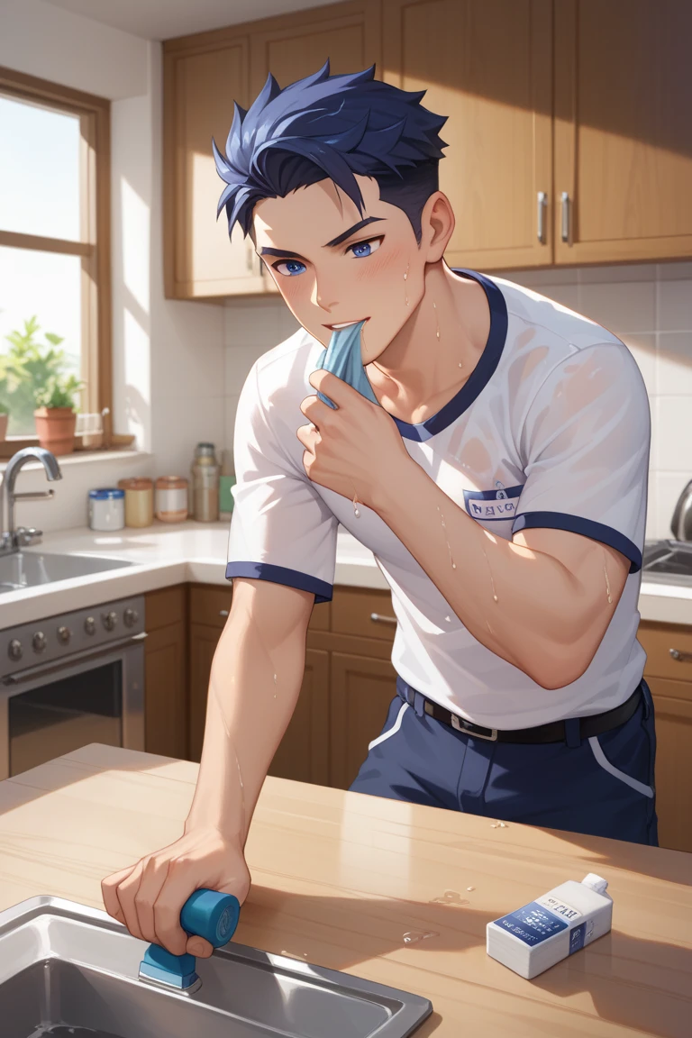 (score_9,score_8_up,score_7_up,score_6_up,score_5_up,score_4_up), best quality, best lighting, high-definition background, 1 boy is 16 yo, muscled, wear pajama, at midnight, look for some food in refrigerator, not quite awake