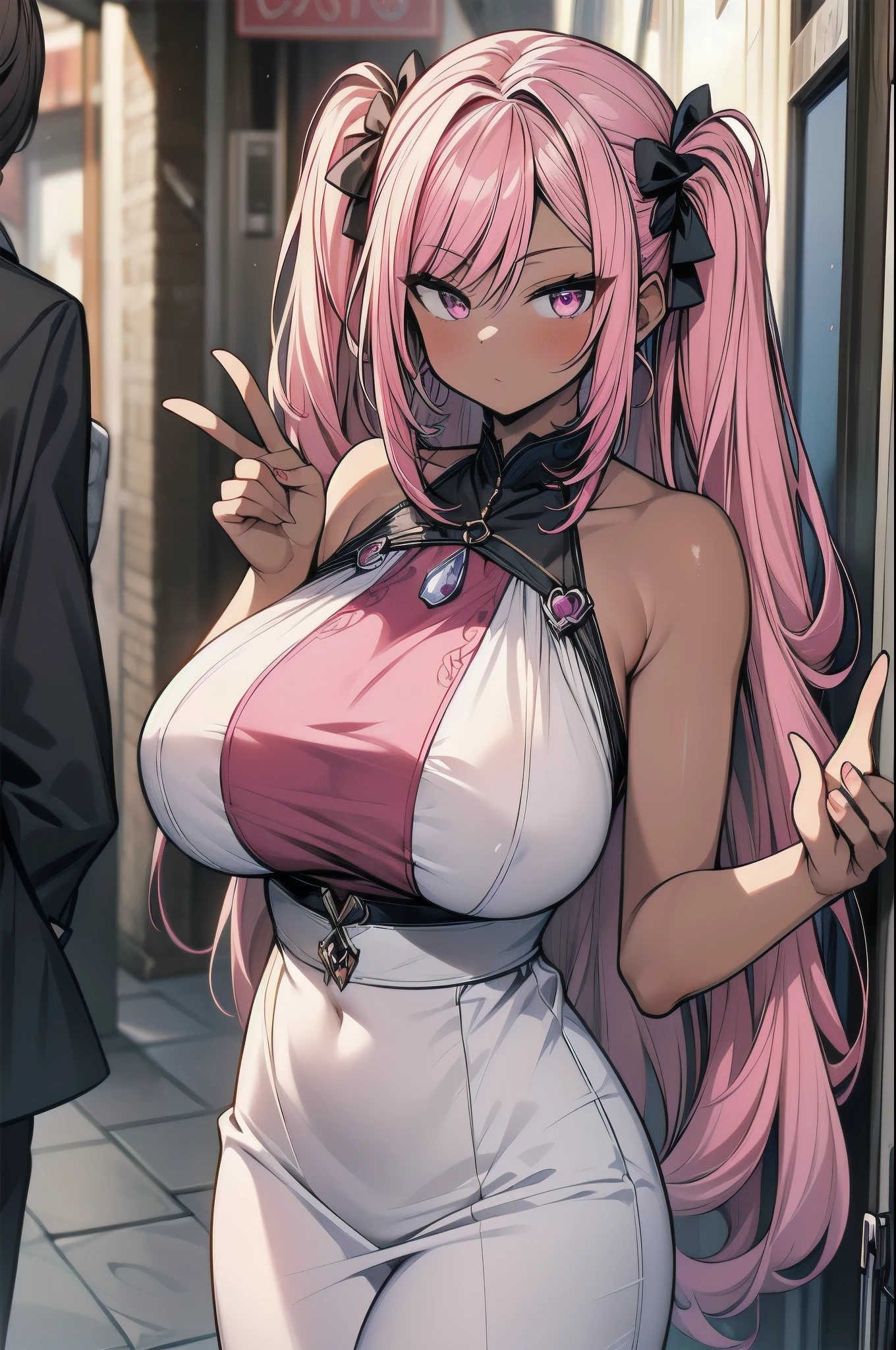 masterpiece, BEST QUALITY, Super Detail, exquisite, beautiful,((1 person)), thick legs, Amorous face,(big sagging breasts:1.65), magical girl costume. Pink and white dress,pink hair. twin tails,magic wand on the hill.(dark skin:1.3).(Mature Woman:2),Multiparous women,Age 32,height is 190 centimeters,Classroom,V sign on the side of the arm、A detailed alley,cowboy shot
