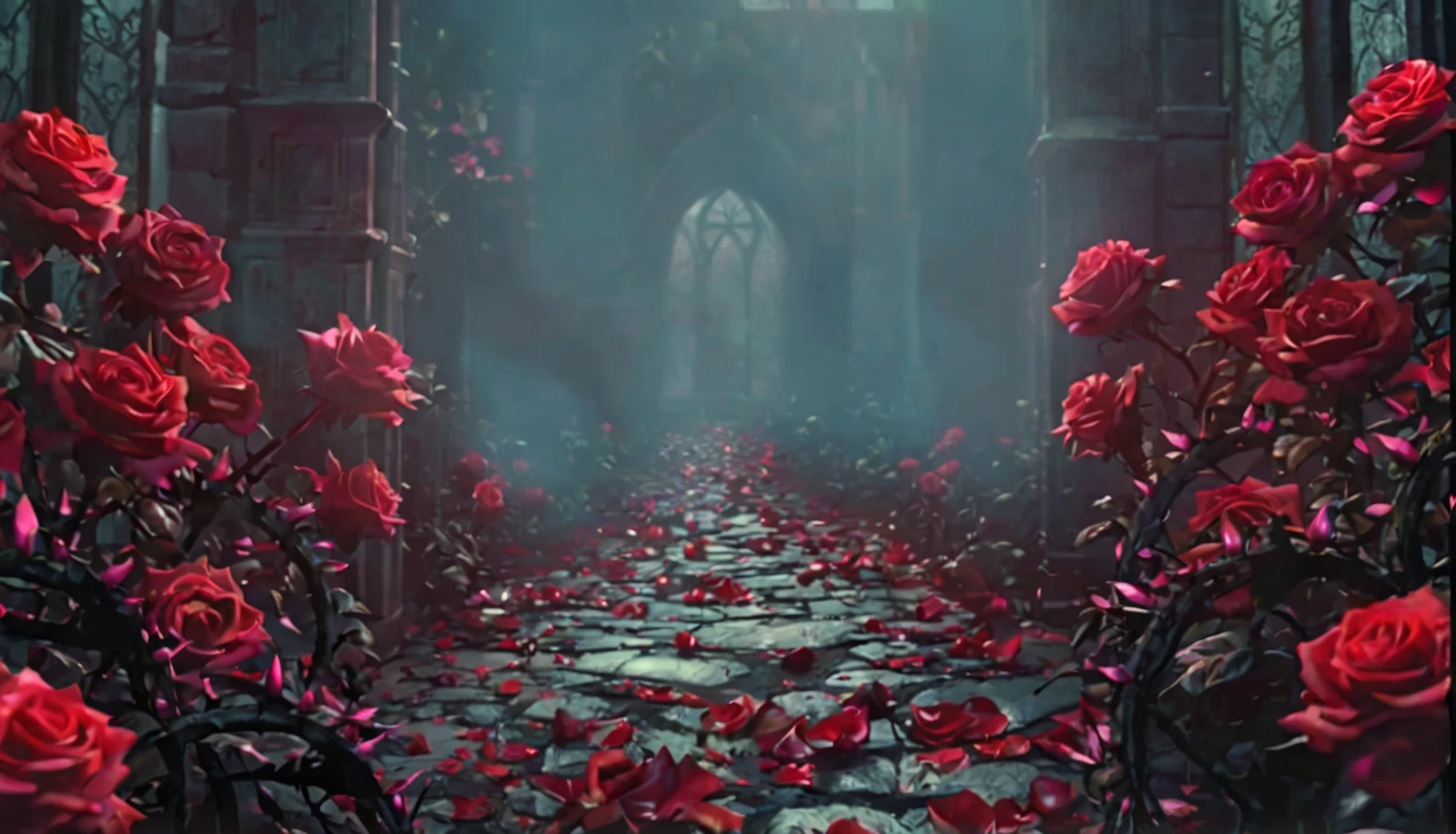 Amidst the spectral figures and fractured light, an unexpected detail catches the eye: a single, perfectly preserved rose. Its petals are a deep crimson, untouched by decay, and it rests on the cold marble floor as if placed there intentionally. The delicate fragrance of the rose mingles with the cathedral’s musty air, a poignant reminder that beauty persists even in desolation. 🌹✨