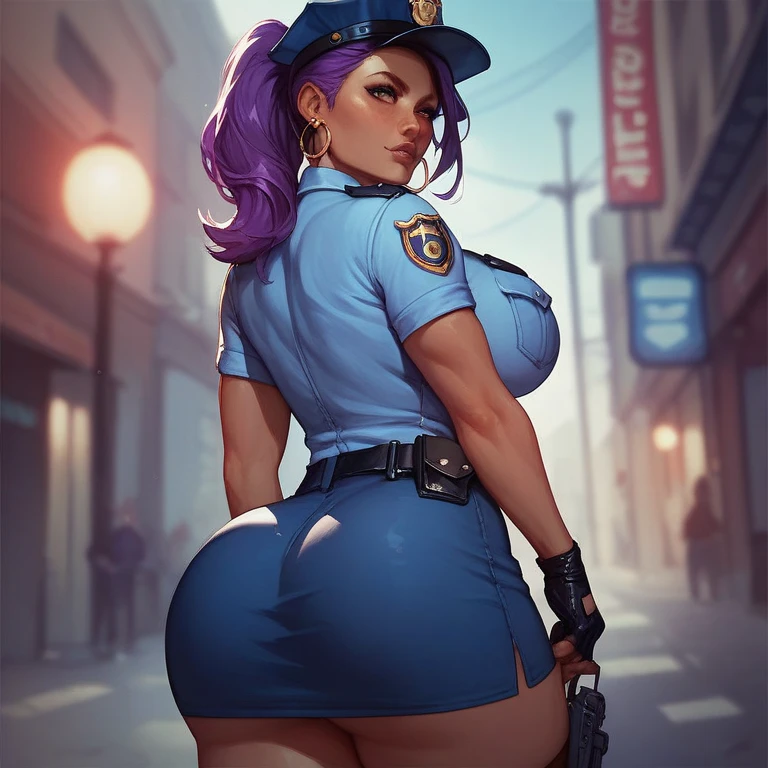 1woman,brown skin,big bust,policewoman,night,back alley
