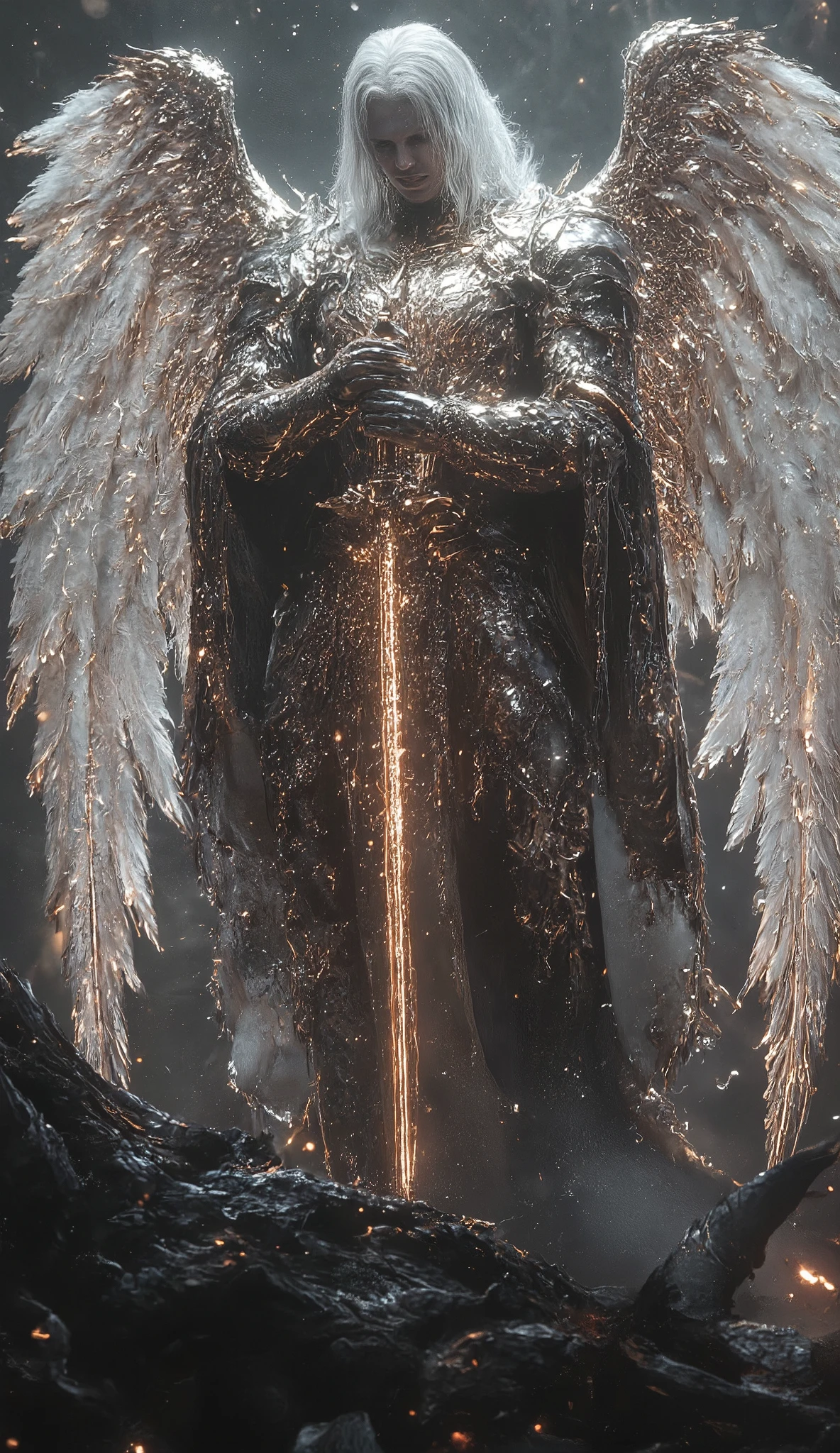 A giant Christian archangel Michael, clad in radiant armor, wings spread wide, standing over a defeated dragon, heavenly light piercing through dark clouds, hyper-detailed feathers and sword, 8K ultra-HD."**
