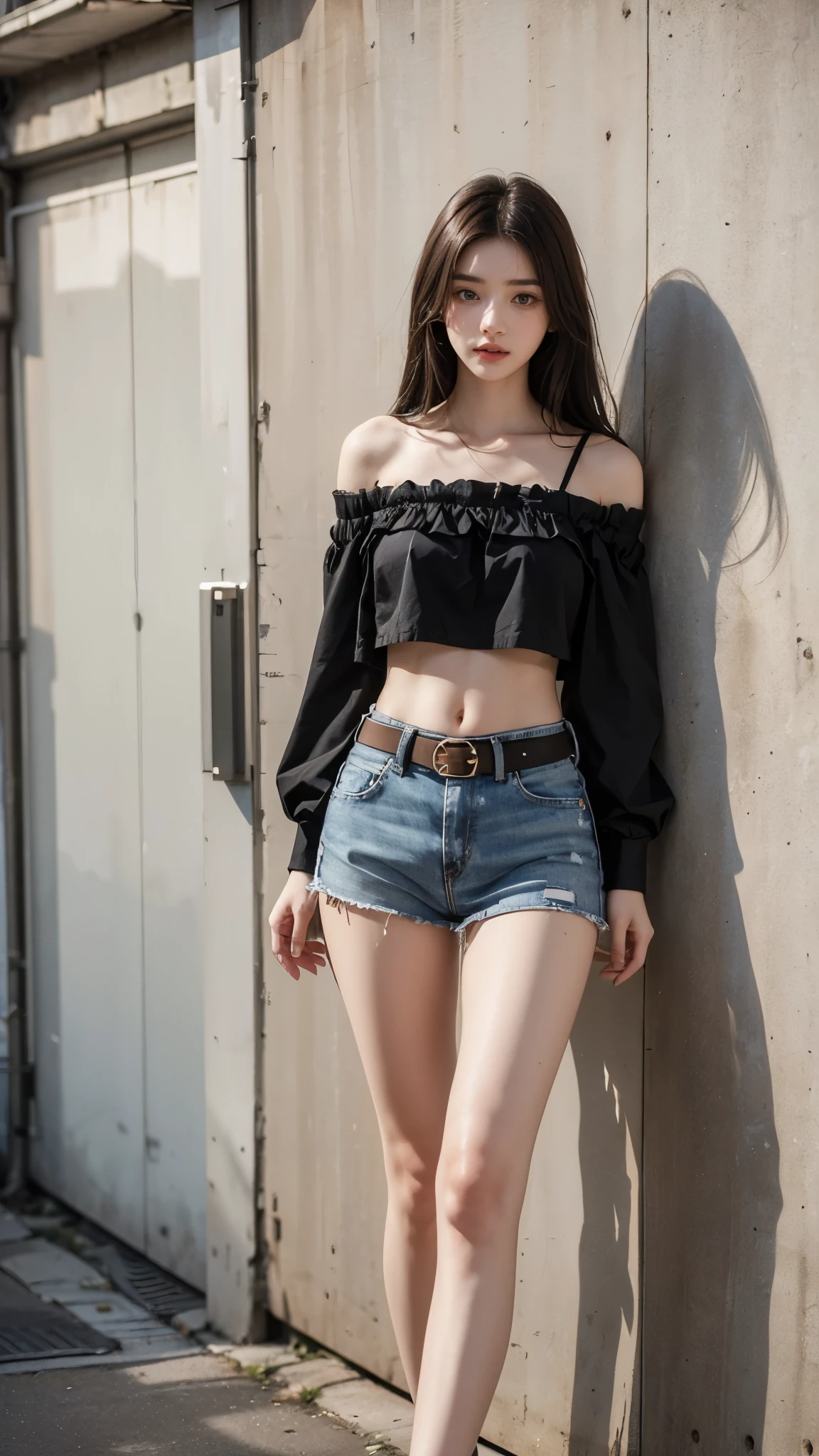 Beautiful 18-year-old brunette girl wearing a short one-shoulder black blouse and high-waisted denim shorts with a black belt showing her navel and wearing black high-heeled boots with thick legs