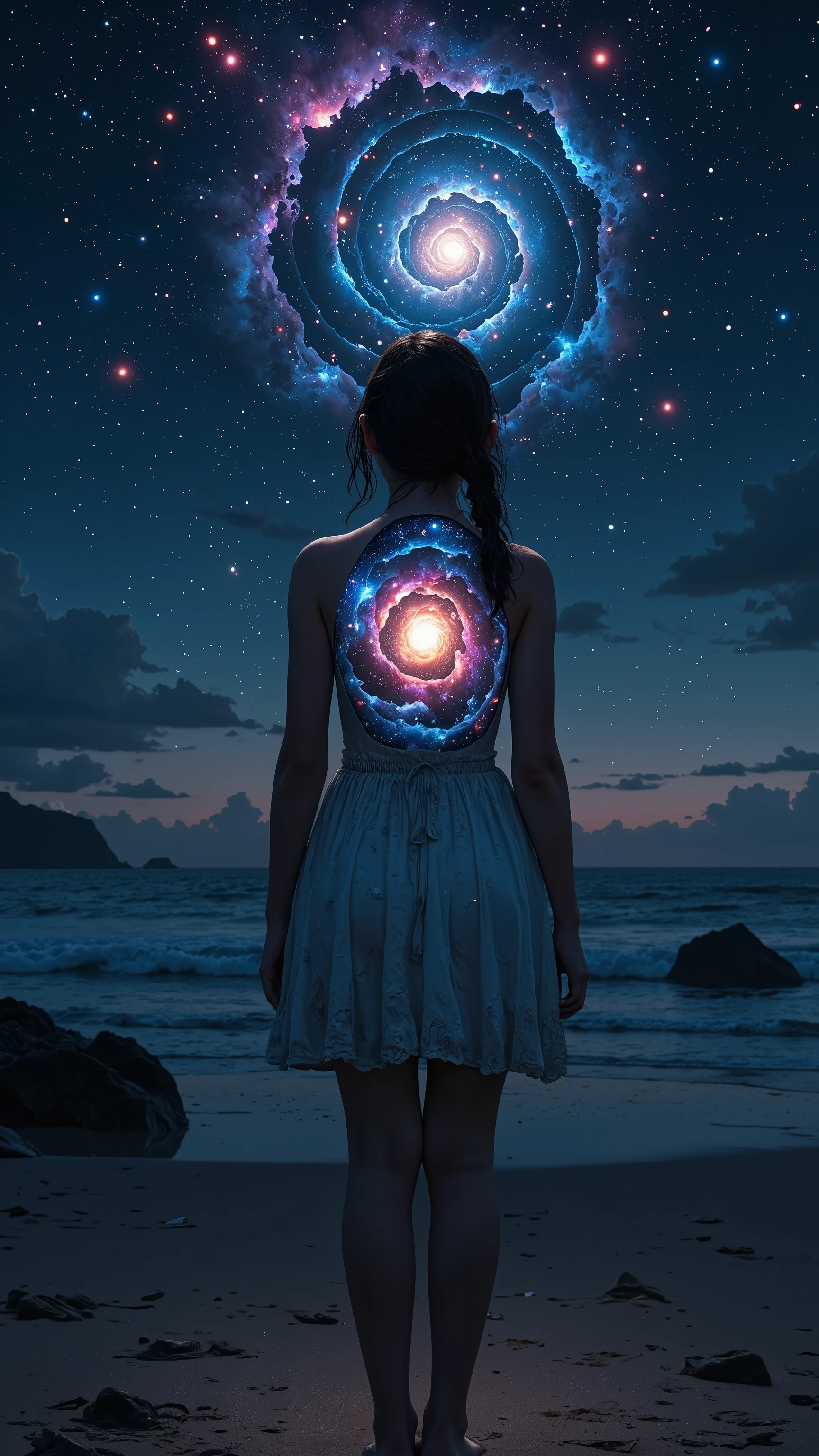 A beautiful girl wearing a white dress stands alone on the beach at night,
her whole body is glowing dimly white,
the inside of her torso is a pitch black universe in which a spiral galaxy slowly rotates,
a beautiful girl with a galaxy inside her body,
the girl is facing forward,