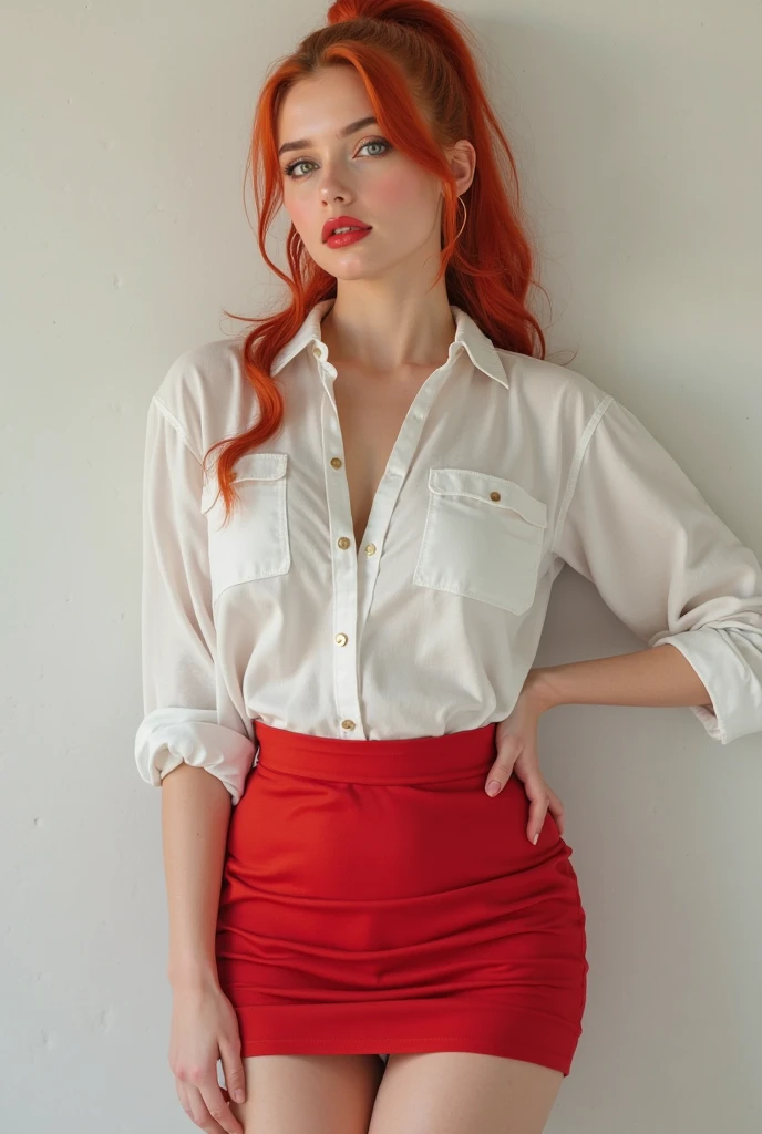 A  redhead girl in a white blouse and a red leather miniskirt, beautiful young model, with Mexican background Model, inspired by Ignacy Witkiewicz,film suit photo, cute young girl, LUTS, young girl, frown Modelo, russian white clothes, Style of Julia Razumova