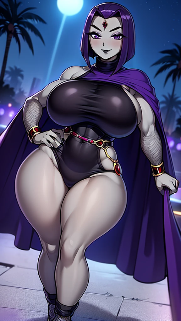 Raven, teen titans, ((((Massive Female Bodybuilder)))), (((huge muscular ass))), ((wide hips)), (slim waist), (((wide shoulders))), ((((Huge breasts)))), thick thighs, long legs, feet in frame, black leotard, pale skin, fingerless gloves, arched back, large booty, big black combat boots, purple good and cape, purple hair, Bob haircut with bangs, space background, 1girl, goth, sexy bare legs, muscular legs, full body in frame, defined abs,