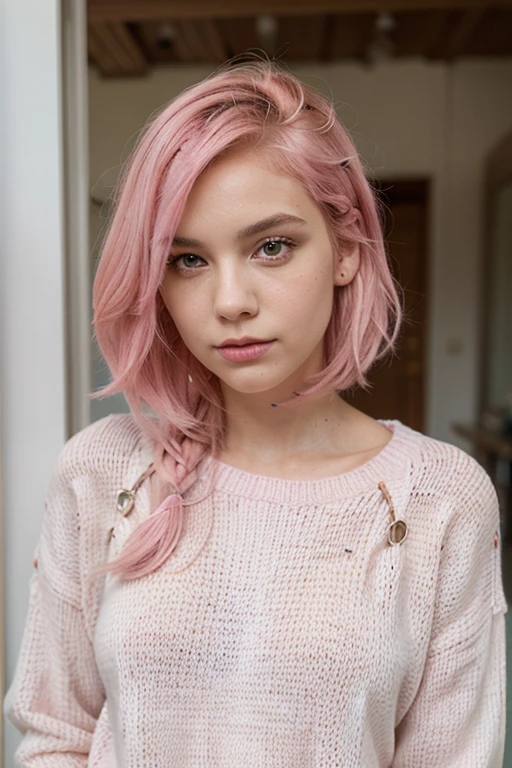 A stunning girl with pink hair wearing sweater
