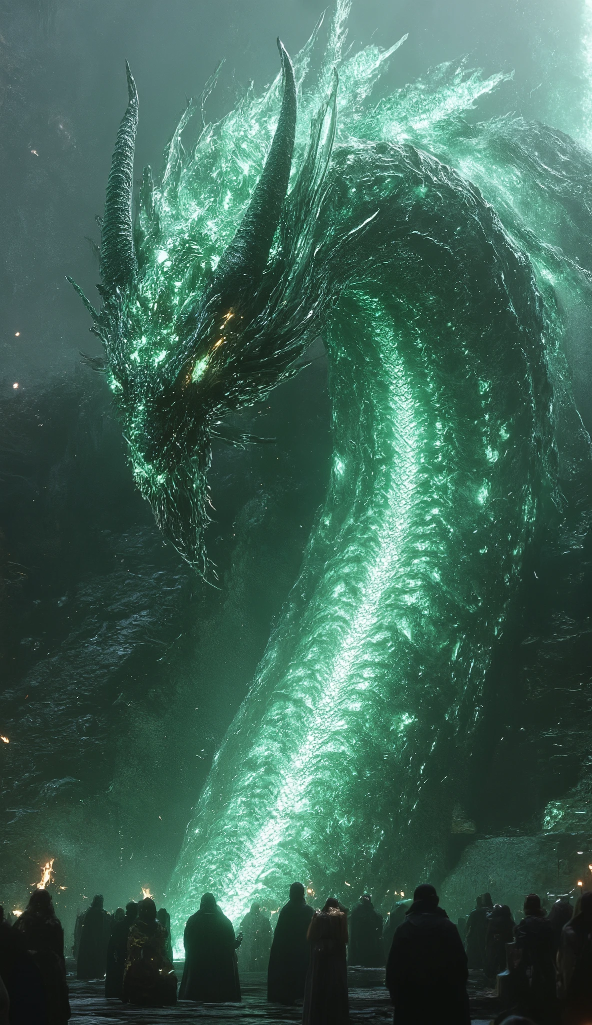 **"A massive Mayan god Kukulkan, a feathered serpent deity, slithering down a pyramid with glowing jade scales, worshippers kneeling below, ultra-realistic scales and feathers, 8K ultra-HD, mystical atmosphere."**