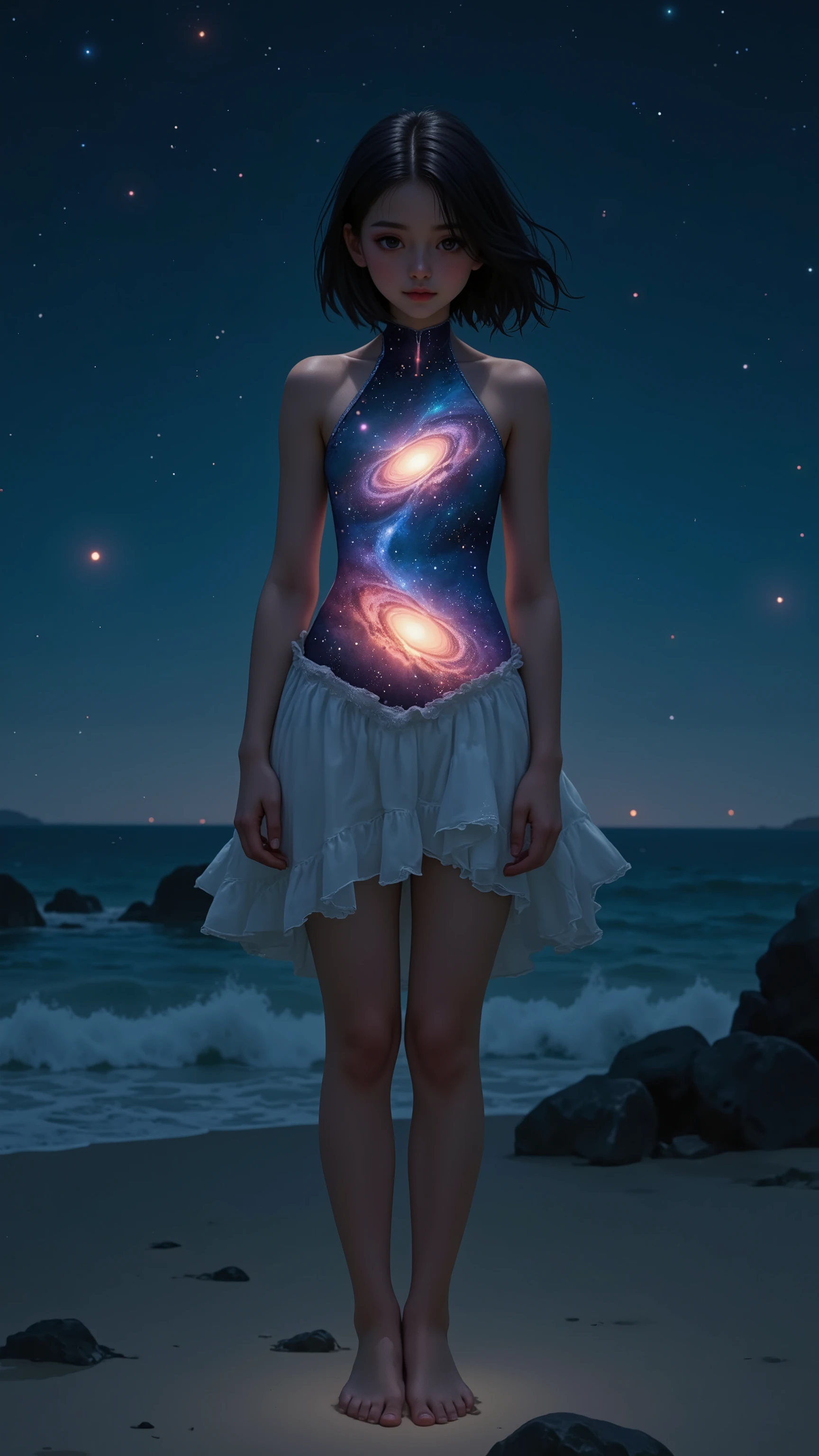 A beautiful girl wearing a white dress stands alone on the beach at night,
her whole body is glowing dimly white,
the inside of her torso is a pitch black universe in which a spiral galaxy slowly rotates,
a beautiful girl with a galaxy inside her body,
the girl is facing forward,