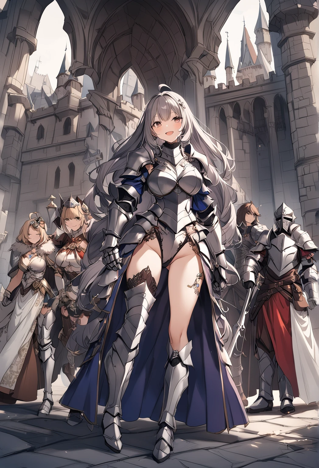 Woman knight、a beauty girl、huge tit、Excellent style、Nice Buddy、glamorous、leotard、s Armor、Bra chest armor、knee boots、gauntlets、hair adornments、silber hair、Longhaire、Ahoge、a medieval castle、is standing、full body seen、Outside the castle、natta、a smile、slightly open mouth
