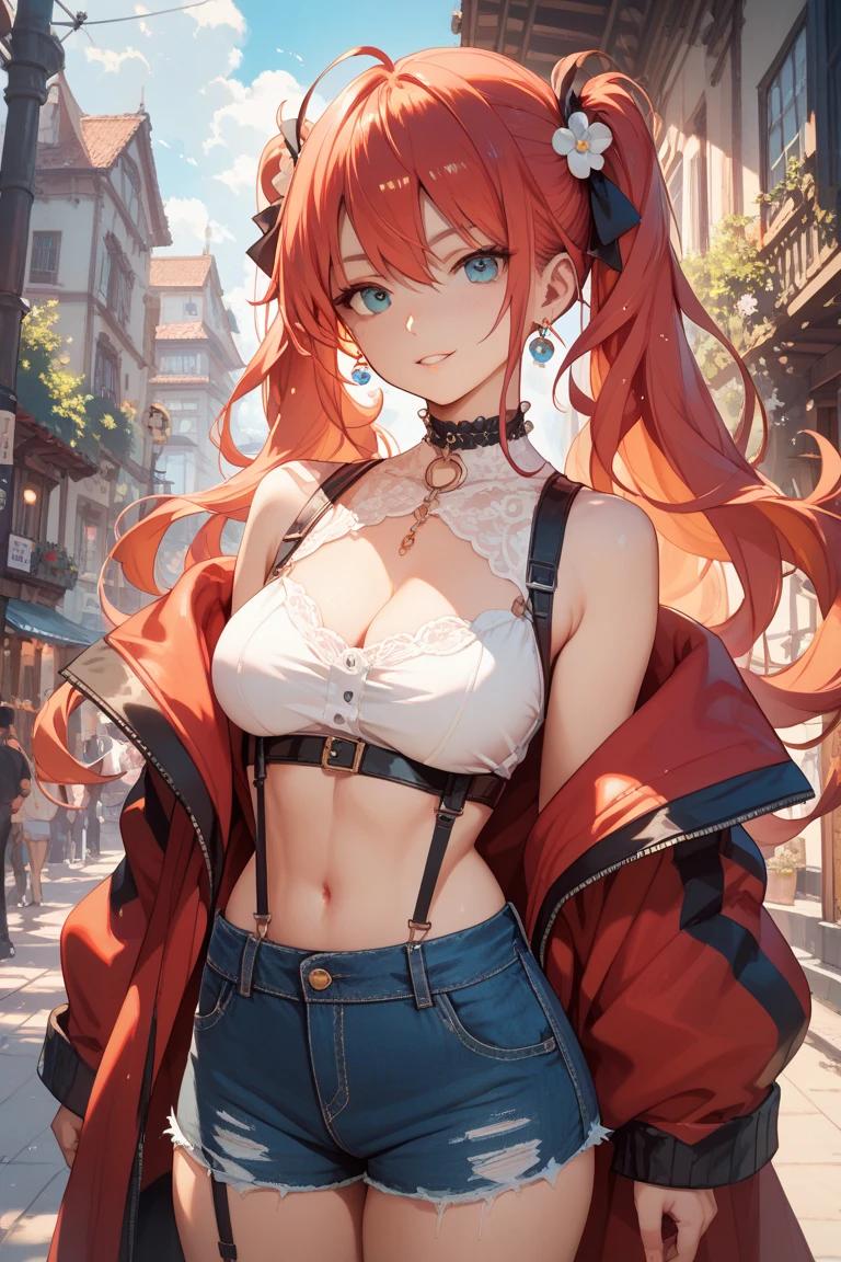 redhead girl, wearing fortnite theme, beautiful smile, big breasts, deadlock braided hair, jacket with buttons open showing transparent bra, transparent panties, fortnite weapons, in a fortnite scene