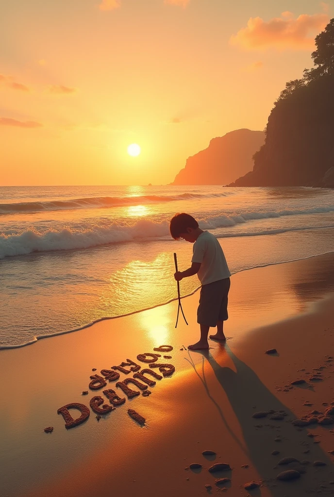 One boy on the beach writing name of his friends the name is rafin