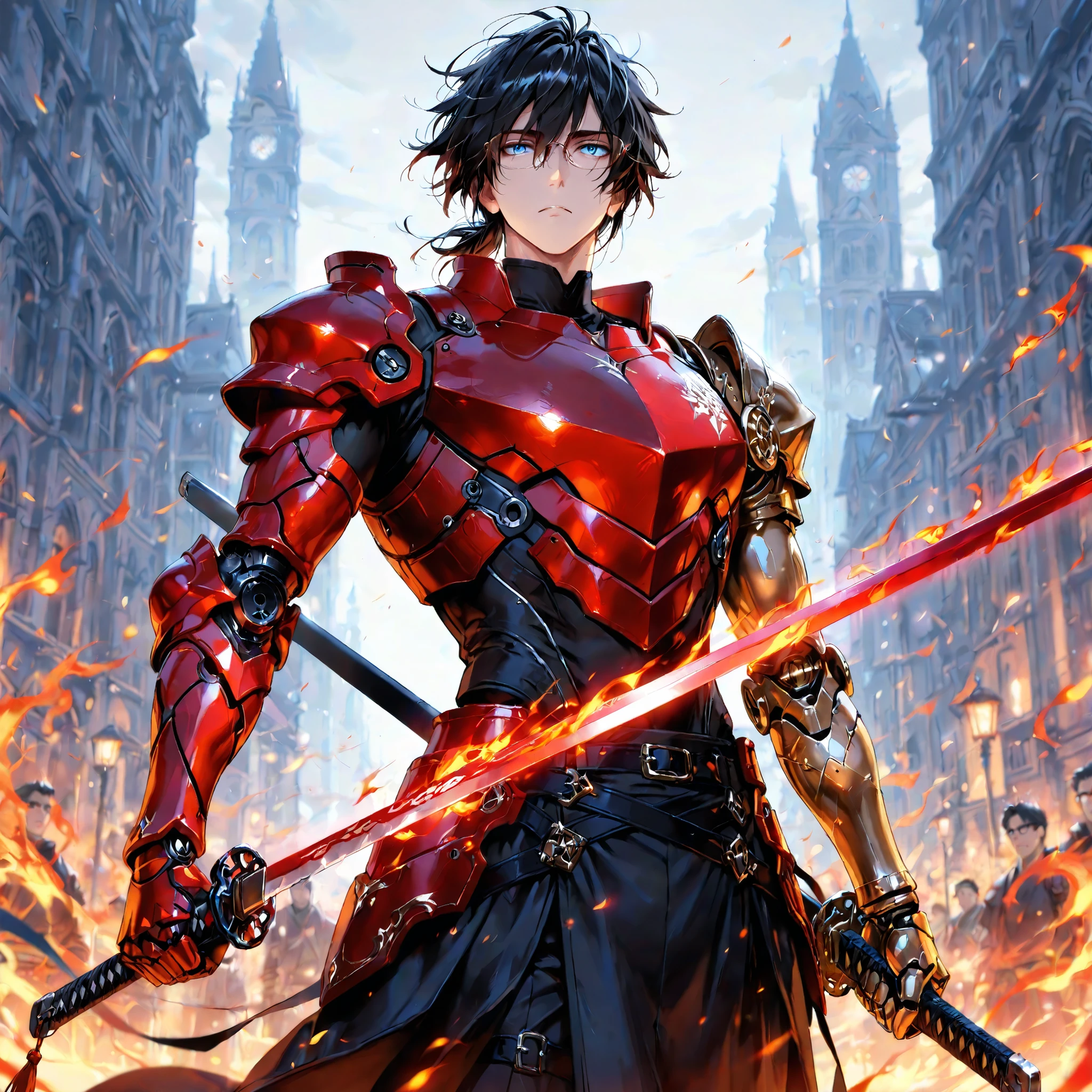 Male, Adult, Black Hair, Blue Eyes, Silver And Gold Left Prosthetic Arm, Masterpiece Quality, Solo Image, Messy Hair, Single Prosthetic Arm, Masculine Face, Quality Eyes, Crimson and Black Sleek Armor, Glowing Red Katana, Katana surrounded by Wind And Flames, Glasses, Neutral Expression, Green Flowing Wind