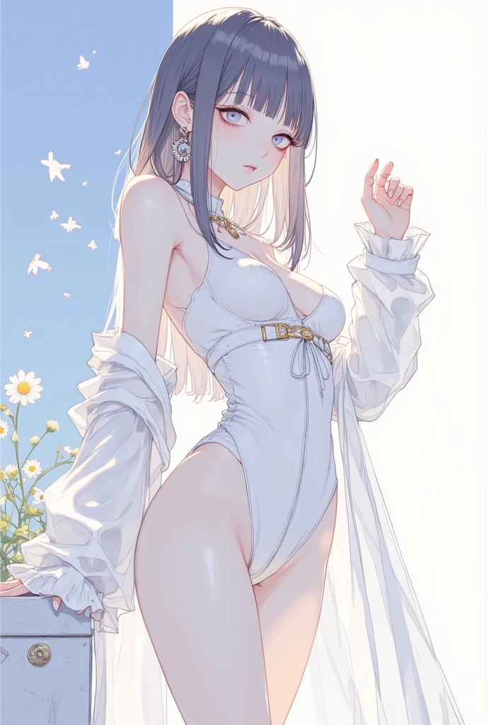 Tsundere 18 year old girl, beautiful and delicate eyes, beautiful lips, very detailed 눈과 얼굴, long eyelashes, 1girl, white cat ears, foot long bag, Front view, Red-eye, (top quality, 4K, 8K, high resolution, masterpiece:1.2), very detailed, (realistic인, realistic인, realistic인, realistic인, realistic: 1.37), very large breasts, elegant, fantasy, white background, White swimsuit, I can see my armpits,