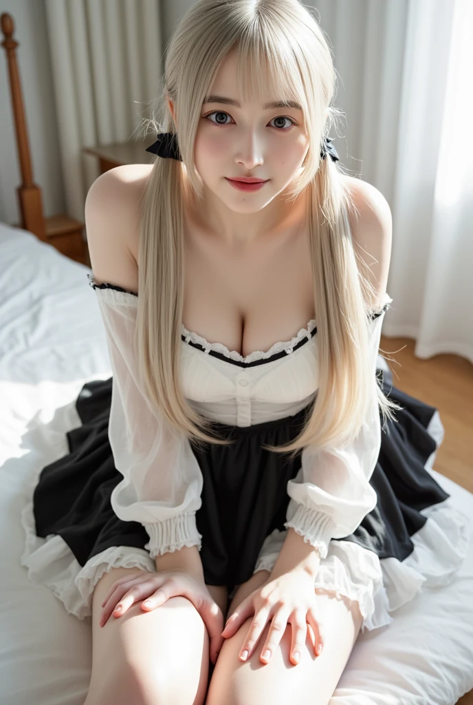 pale girl with angelic gothic face, with patterned stockings, long hair with fringe, with big tits
