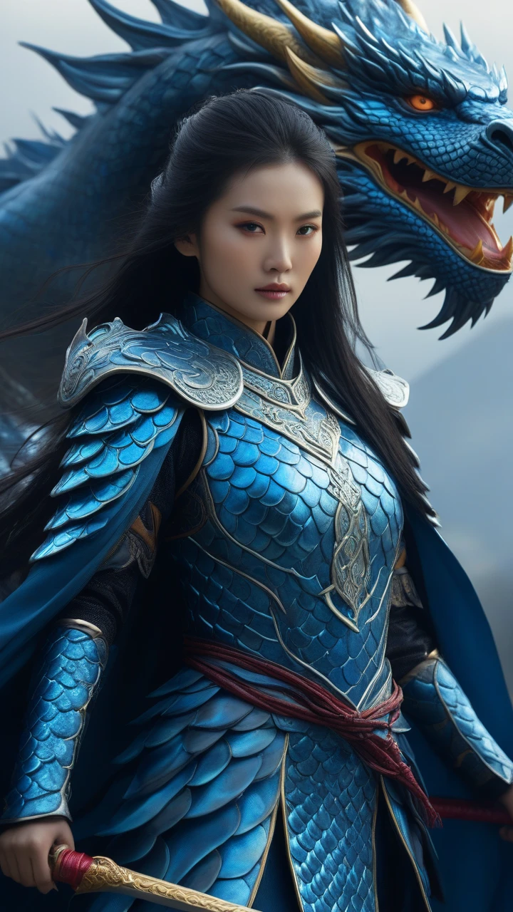 full body xianxia, 20 years old, lace armor, Beijing opera,glowing eyes, Chinese Dragon armor, large breasts, showing cleavage, strong dynamic pose, looking back