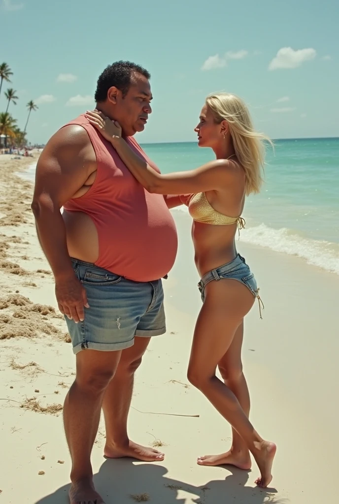 (photorealism:1.2), woman in a short dress and top sitting next to a big fat man in the back of a van. stroking his cock