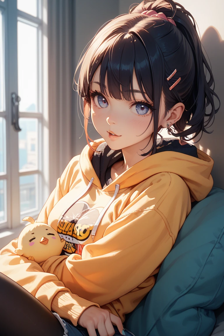 ((Highly detailed CG unit 8k wallpaper, masterpiece, High resolution, highest quality)), (adult woman sitting, Nana Komatsu, Wearing a yellow hoodie:1.2, hands in pockets:1.5, street fashion, Wearing micro mini shorts:1.2, wearing boots:1.2), ((highly detailed face, highly detailed black eyes, detailed body, highest qualityのリアルテクスチャスキン)), (Inside a futuristic abandoned building:1.3), (Angle from above:1.3, Fisheye Shot:1.5), hyper realistic, digital paint,