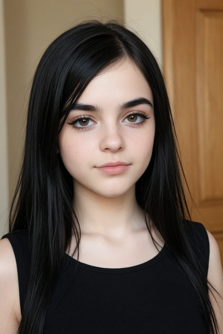 Young plump brunette ,, long hair, extra pale skin, freckles, bright lighting with shadows, standing, short wavy hair, goth makeup, 