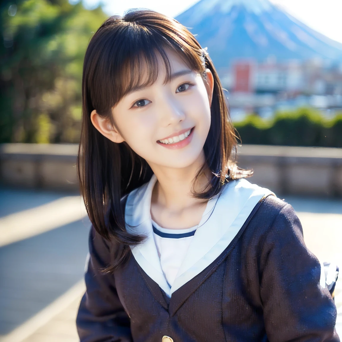 Kawaii Girl,japanes,14years,Full Body Display、6headed body、masterpiece、8K、Wearing a neat and navy blue elementary school graduation uniform and miniskirt、low angles,With the best image quality、beautiful a girl, cute little,, hight resolution, ultra-detailliert, finely detail, ighly detailed, extremely detailed eye and face, Sharp pupils、In ultra-high resolution,Cute smile, Cinematic lighting,tranquil atmosphere、Beautiful fine details,extremely detailed eye and face、Ultra-wide-angle shooting、Kneeling on one leg,elementary student