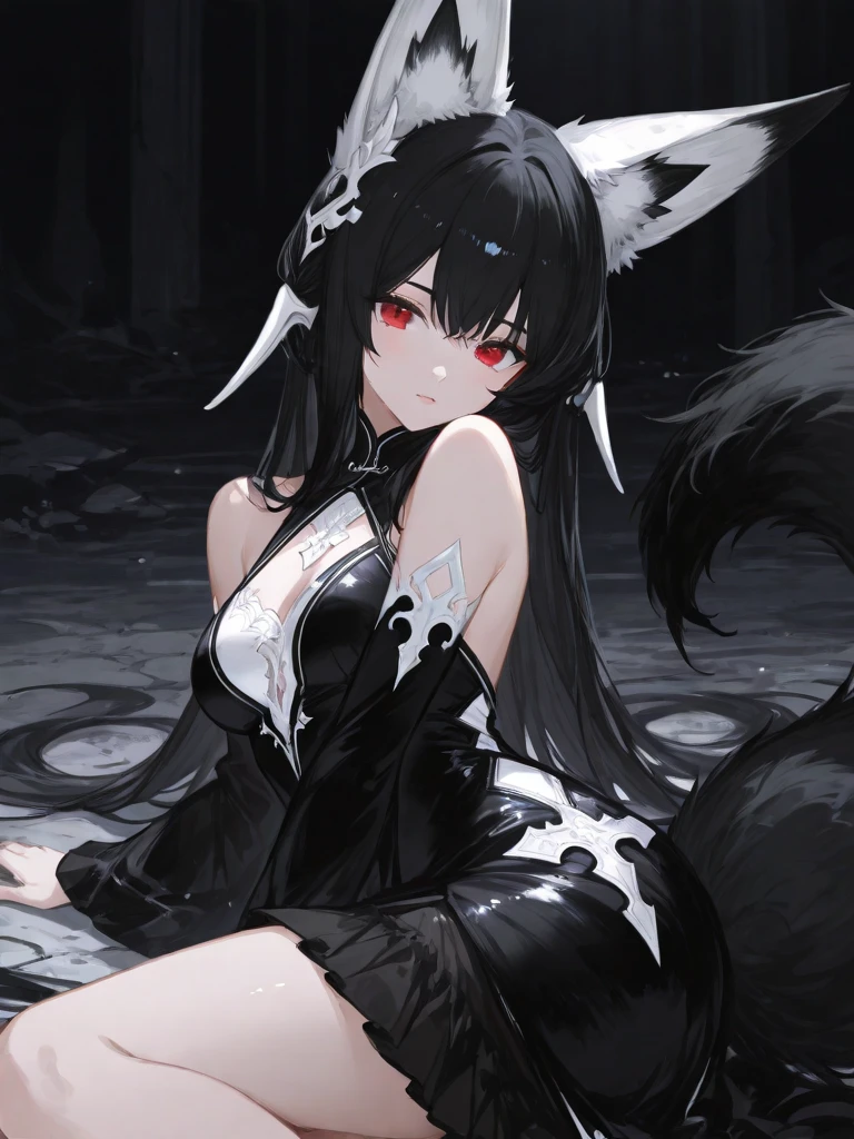 1girl, solo, long hair, breasts, looking at viewer, blush, smile, simple background, black hair, navel, animal ears, very long hair, standing, heart,, cowboy shot, small breasts,, grey background, stomach, grin, animal ear fluff, symbol-shaped pupils, fox ears, bottomless, glowing, ass visible through thighs, heart-shaped pupils, thigh gap, glowing eyes, spot color