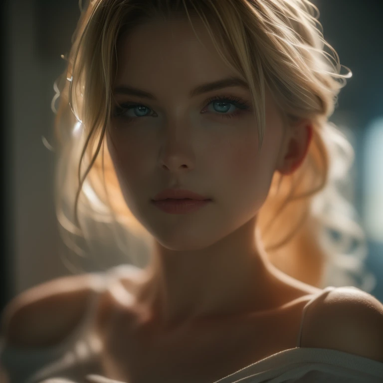 (((ultra realistic))) Photo, masterpiece, top quality, (pale skin), (Ultra detailed face and eyes:1.2), 1 beautiful blondie , Perfect skin, big tits, sexy t-shirt, looking down at the camera, grabb breast sexy look