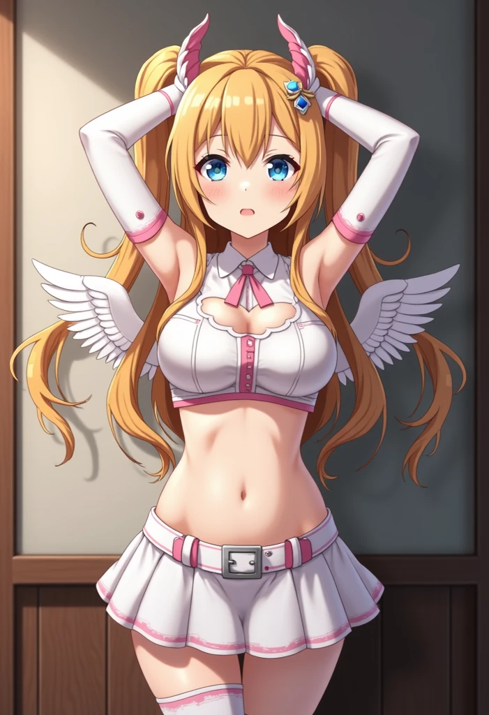 (masterpiece, best quality), 1girl, beautiful face, <lora:astraea-lora-nochekaiser:1> astraea, angel wings, blonde hair, long hair, (red eyes:1.5), wings, corset, navel, skirt, blue skirt,