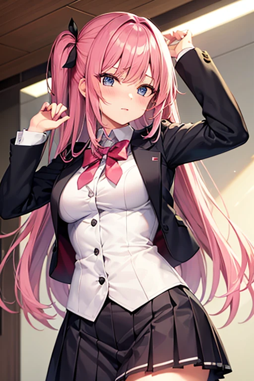 ((masterpiece, Highest quality, High resolution, 超High resolution, Pixel perfect, Depth of written boundary, 4K, RTTX 10.0, High resolution))), One girl, single, alone, Beautiful Anime Girls, Beautiful art style, Anime characters, ((Long Hair, bangs, Pink Hair, Twin tails:1.2)), ((Grey Eyes:1.4, Round eyes, Beautiful eyelashes, Realistic eyes)), ((Detailed face, Blushing:1.2)), ((Smooth texture:0.75, Realistic texture:0.65, Realistic:1.1, Anime CG Style)), Medium chest, Dynamic Angle, Perfect body, Dynamic pose, ((close, throw, cute, Shoot in the face, smile, Open your mouth)), ((Red bow tie, , Black jacket, Open jacket, White shirt, Checkered Skirt)), Cafe, Sitting in a chair, (cowboy shot:1.2), shoot from front