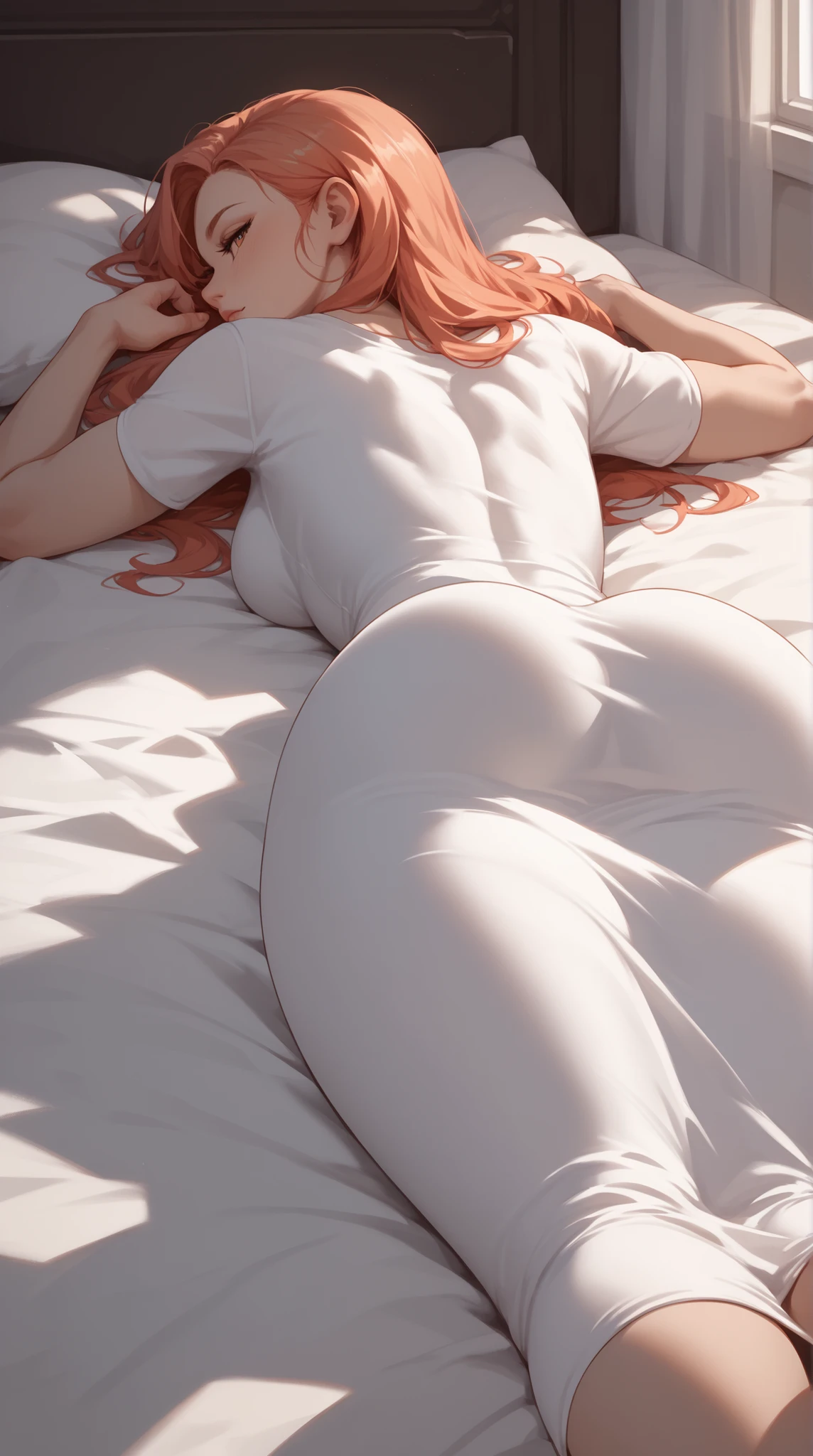 Colorful drawing, there is a woman in red top and white panties on top of a bed, teasing, full body in sight, full length and white socks, wide hips, lower body close up, upper half of body, painted, front shot, front turned!!!!, painted and colorful, front turned!!, half shot waist up, front shot turned, angelawhite, lit from below