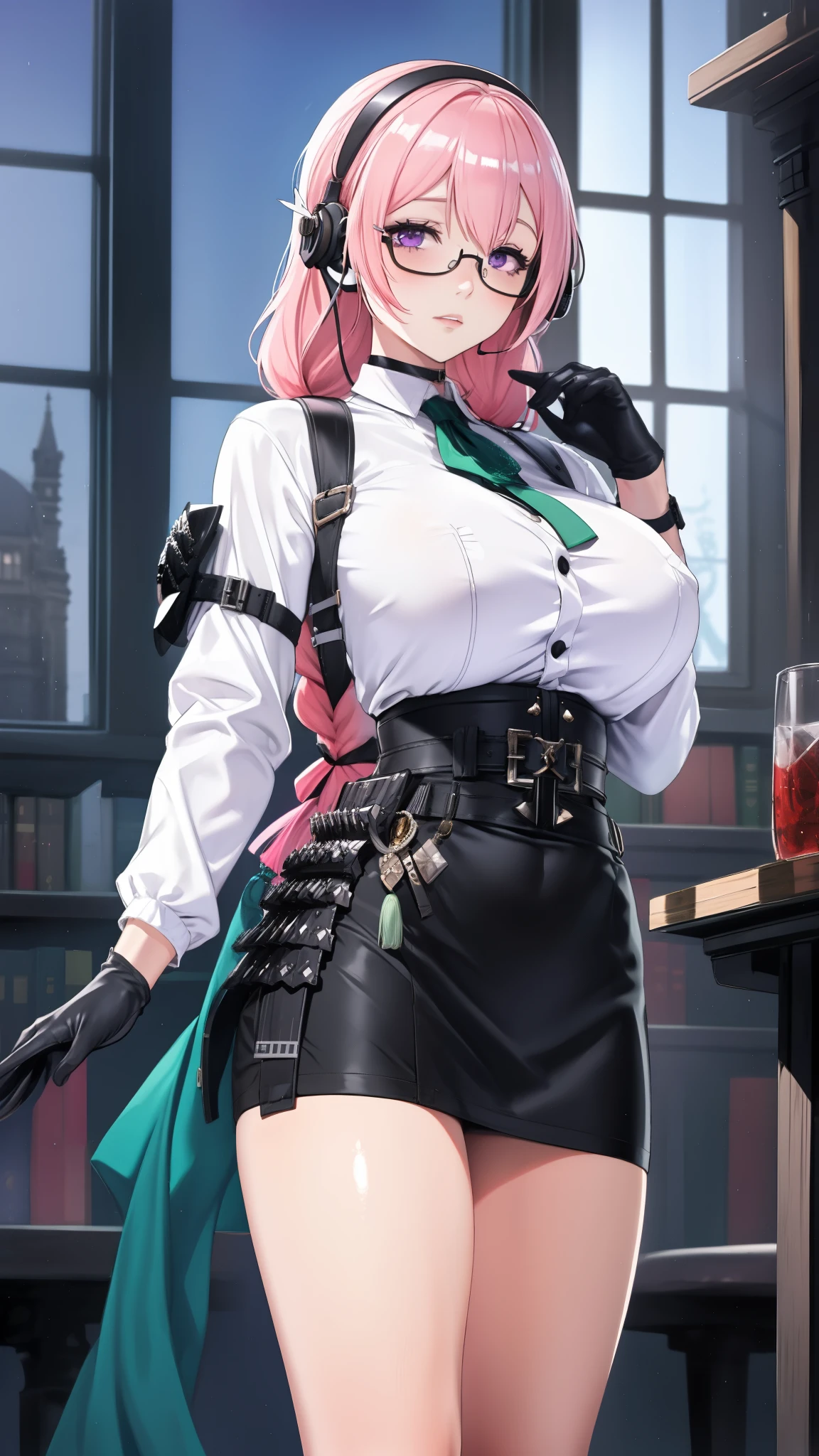 bright clothes, a girl, (Yanagi Tsukishiro ), Alone, Standing, front view, looking at the viewer , long braided hair pink, beautiful eyes , detailed eyes , purple eyes shirt, huge breasts, sensual lips, ((simple samurai armour shoulder pad)) , ((earpiece for the right ear)), harness, glasses, choker :1.6, black gloves, ((high-waisted shiny black miniskirt)), ((White shirt with collar)), ((dark green neck strap)), shy expression , , biblioteca antigua Gothic style, Gothic style, at night