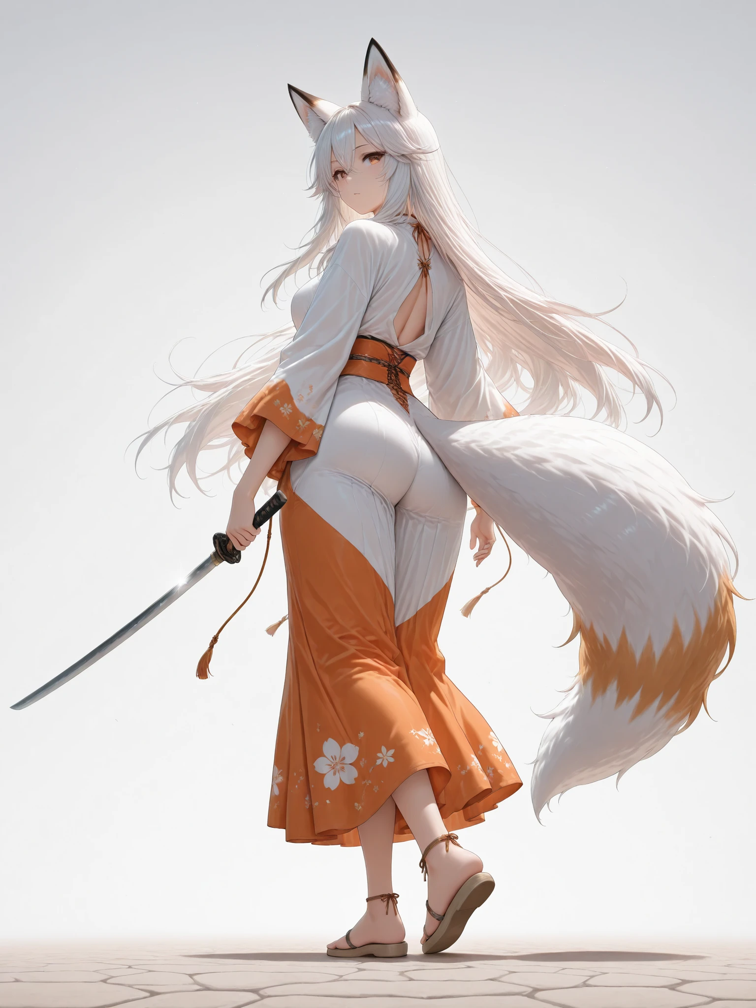 ((Best Quality)),( super high definition),(Super detailed),( detailed description ),((The best CG)),(masterpiece),(fox girl, orange color costume,reversed. White color, flat sandals),full body,white background, The fox girl equipped on Katana,from back