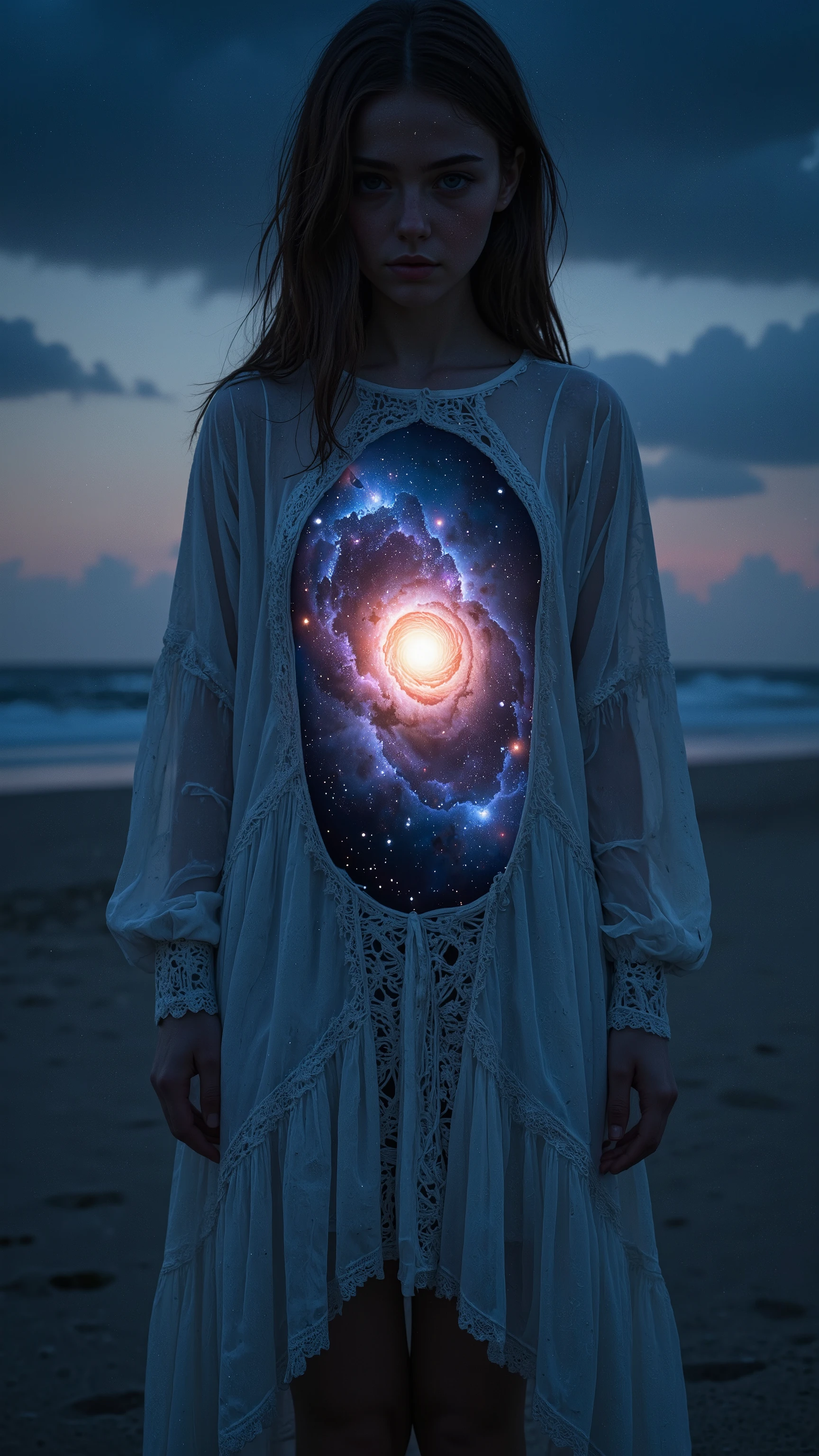 A beautiful girl wearing a white dress stands alone on the beach at night,
her whole body is glowing dimly white,
the inside of her torso is a pitch black universe in which a spiral galaxy slowly rotates,
a beautiful girl with a galaxy inside her body,
the girl is facing forward,