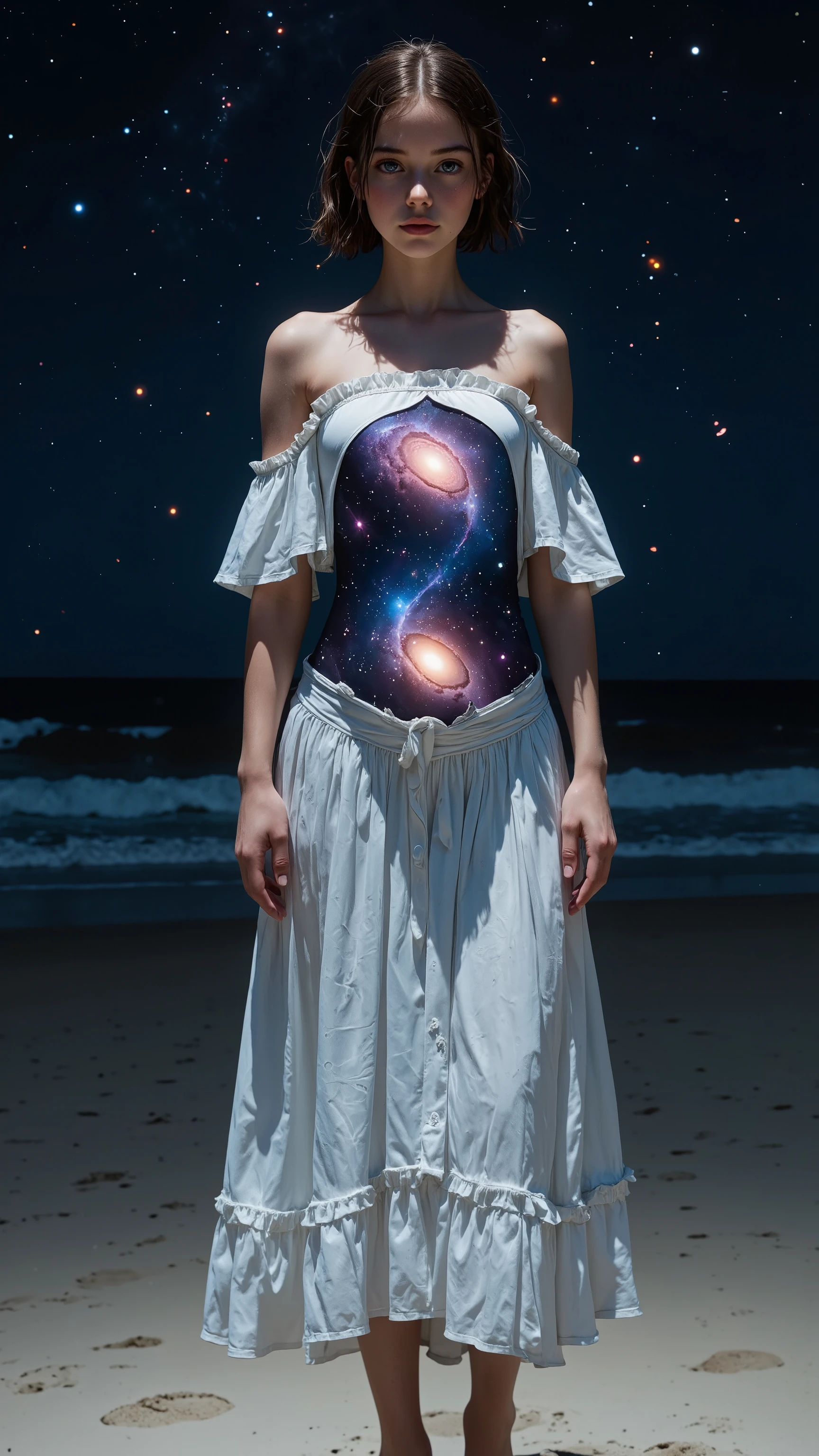 A beautiful girl wearing a white dress stands alone on the beach at night,
her whole body is glowing dimly white,
the inside of her torso is a pitch black universe in which a spiral galaxy slowly rotates,
a beautiful girl with a galaxy inside her body,
the girl is facing forward,