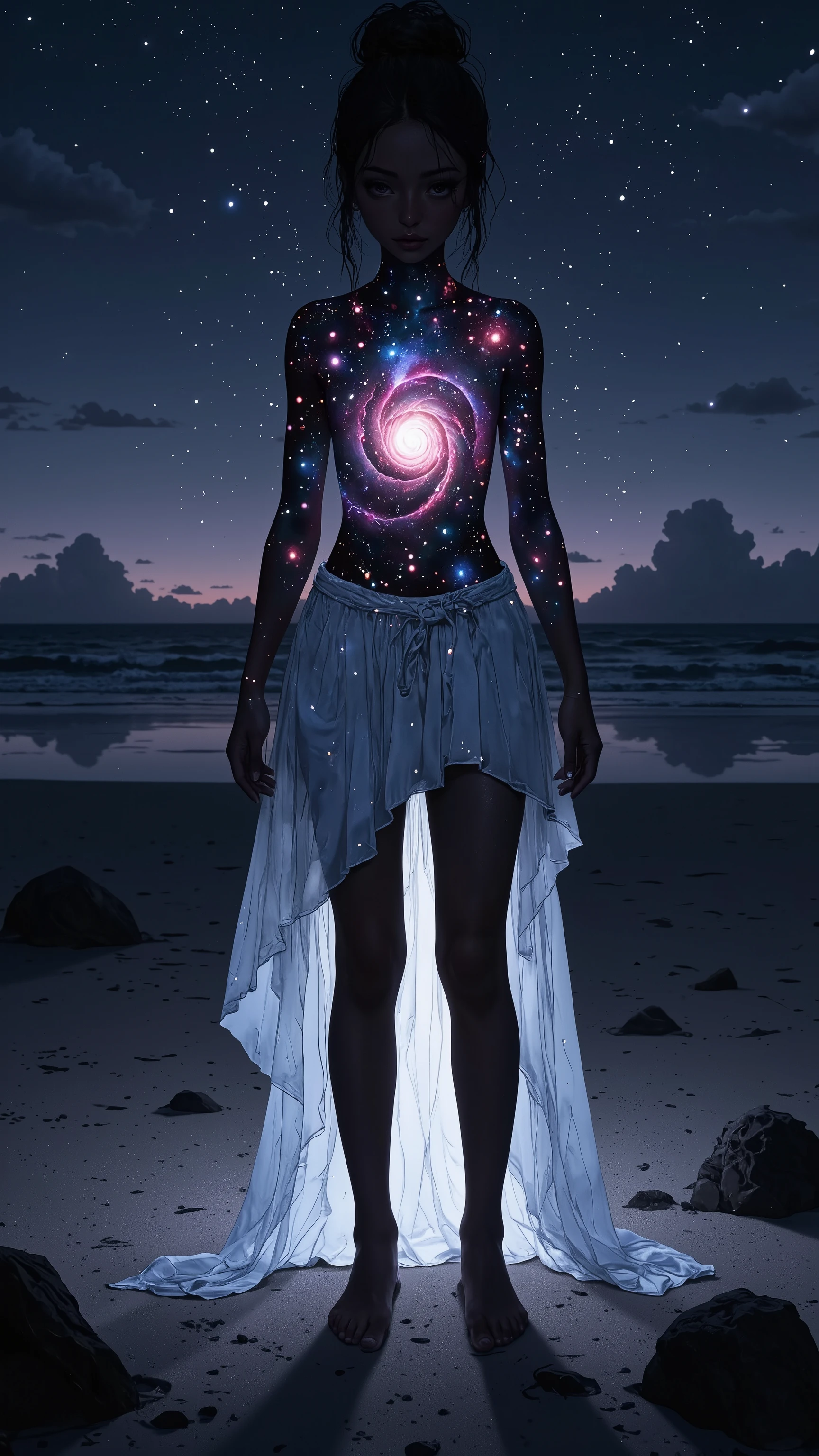A beautiful girl wearing a white dress stands alone on the beach at night,
her whole body is glowing dimly white,
the inside of her torso is a pitch black universe in which a spiral galaxy slowly rotates,
a beautiful girl with a galaxy inside her body,
the girl is facing forward,