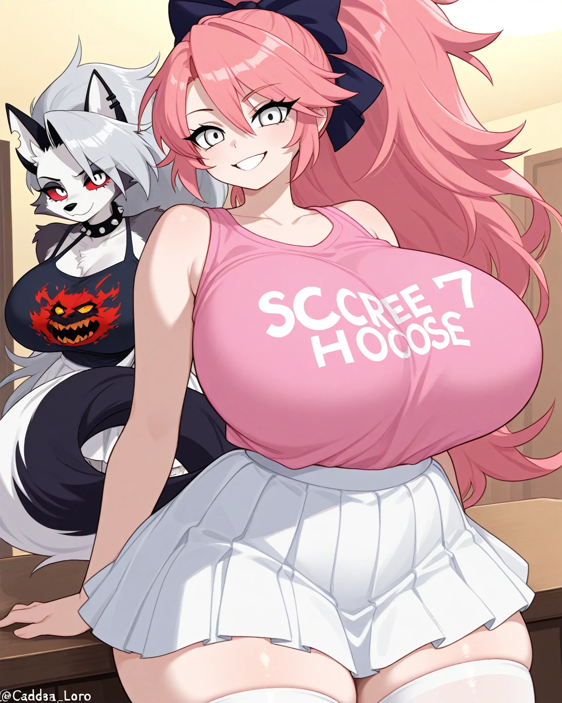masterpiece,best quality,1girl,solo, long_hair, curly hair, pink hair, pink halo, standing, gigantic breast, white background, (white turtleneck sweater, black pirate hat, black pantyhose, long sleeves, black pleated skirt, shark tail, tall, white gloves, sharp teeth:1.2), smile, light blue eyes, art by kipteitei