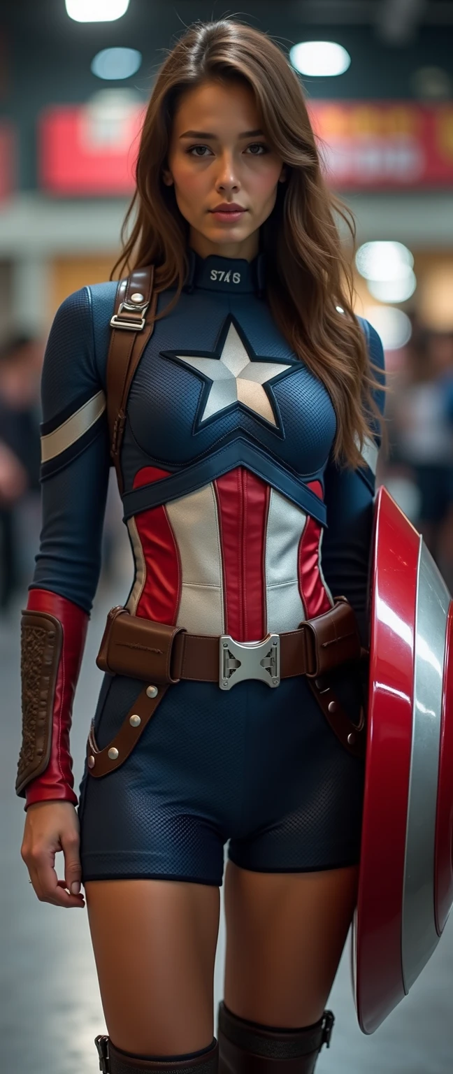"((Melissa Benoist is Captain America, wearing a Captain America suit)), young face, lean cheeks, fit and a bit muscular body, ((intricate Captain America suit)), long blonde hair, showcasing her strength and determination while having a seducing smile and doing a Captain America pose. Ultra high definition and resolution, capture every detail of her intense expression and powerful stance. Photorealism brings her presence to life." real, photoshoot, realistic, luminescent, atmospheric scene, masterpiece, best quality, (detail skin texture, ultra-detailed body:1.1), RAW photo, (high detailed skin:1.2), 8k uhd, dslr, film grain, Fujifilm XT3,
blonde hair, blue eyes, realistic, blurry background, blurry, long hair, lips, jewelry, upper body, collarbone, solo, doing a she hulk pose, outdoors, solo focus, depth of field, (smile:1.2), looking at viewer, sunlight rays, armor