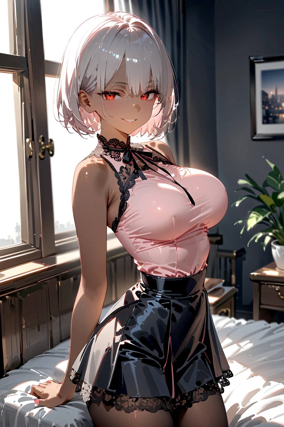 Unparalleled masterpiece, ultra-realistic 8k CG, perfect artwork, (((Perfect female figure)), thin waist, watch the viewer, seductive posture, sexy pose, attractive and clean beautiful face, pure face, thin skin, big breasts, exposed breasts, bare breasts, chest pressed against the window, goddess, (((shiny skin)), (skindentation))), lace, lace trim, Black skirt trimmed with short lace, delicate pattern, intricate details, (Rich:1.4), Prestige, Gorgeous, (((Sweating)))), Platinum Blonde, Medium Hair, Red Eyes, Chizoku Nishikiki, Lycoris Recoil