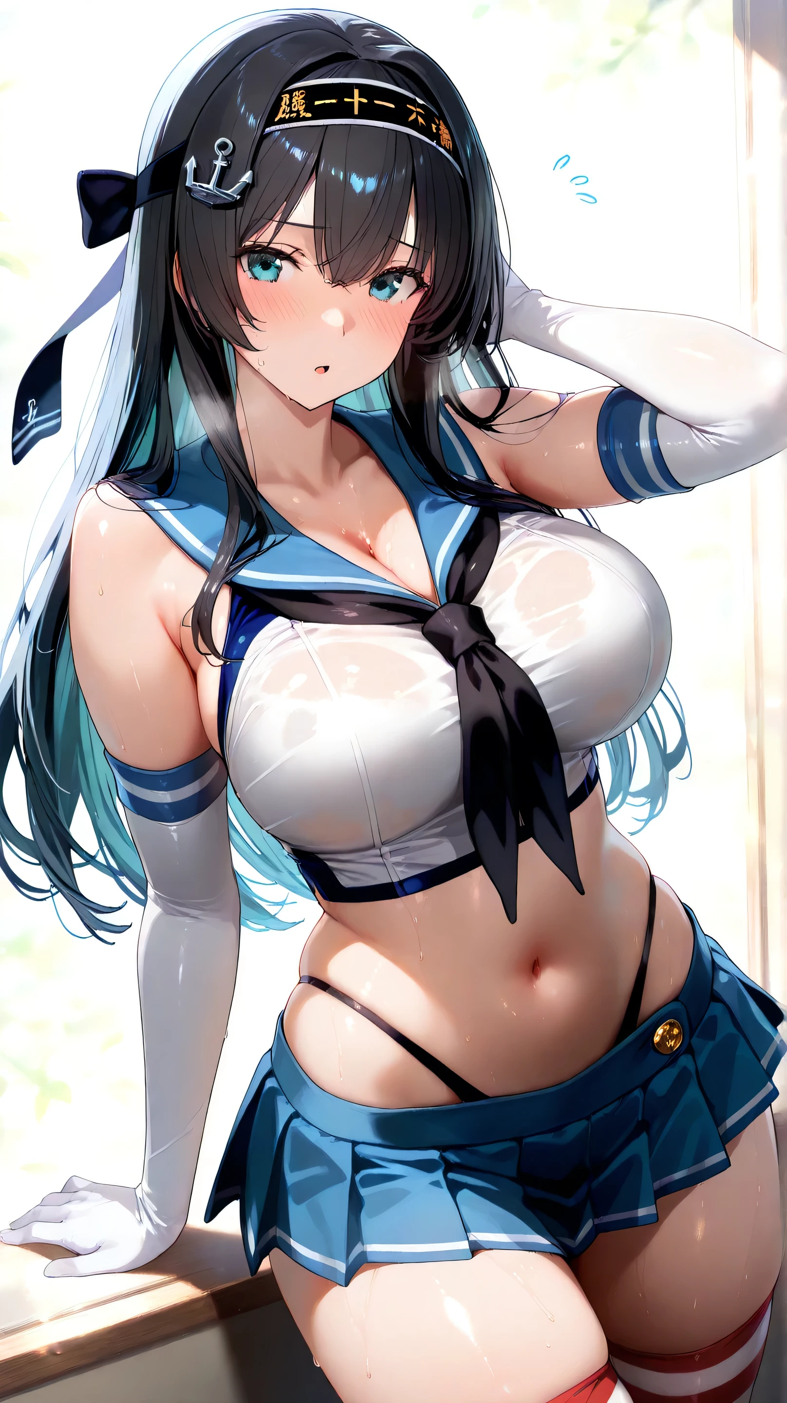 (long hair:1.3), (black hair:1.3), forehead, forehead mark, anatomically correct, heavy breathing, huge breasts, 1girl, breasts, skirt, thighhighs, blue_background, panties, large_breasts, underwear, navel, white_panties, blue_eyes, hat, sailor_collar, gloves, solo, white_legwear, thick_thighs, pantyshot, thighs, crop_top, rating:safe, microskirt, white_gloves, midriff, skindentation, sideboob sfw version, michiko_tanaka_mahoushoujoniakogarete,michiko tanaka, (shaded face:1.2), hollow eyes, yellow eyes, looking at viewer, (heavy breathing:1.2), expressionless, glaring eyes, forehead mark, makeup, (anime coloring, anime screencap)