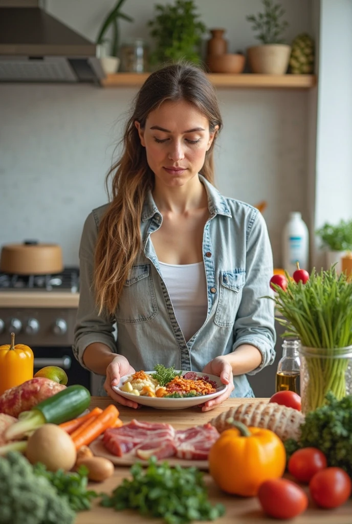 ((best quality:1.2)), ((masterpiece:1.2)), (detailed:1.2), 1 girl, perfect indonesian face, real skin texture, chubby body girl, detailed fingers and rings, messy ponytail bun hair, Oversized gray long-sleeved collared shirt, kitchen bacground, full set kitchen, holding a knife, chopping some vegetables, hyperrealistic image, perfect lighting photography, RAW,