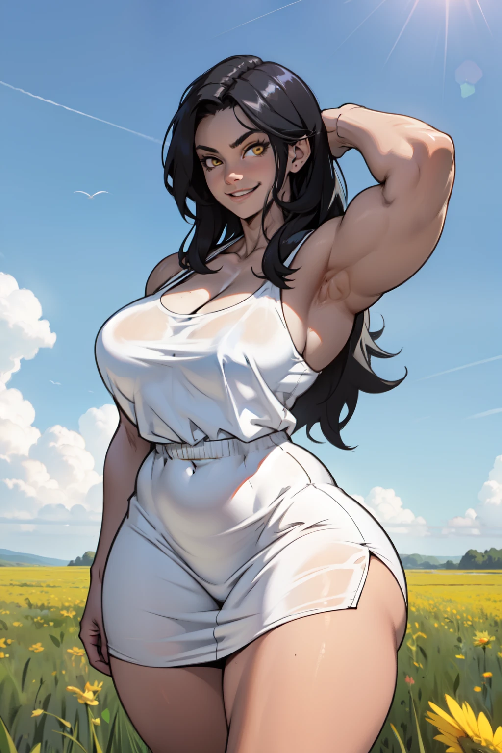 muscular huge breasts thick thighs sunny field sky clouds black hair yellow eyes sundress black hair yellow eyes pale skin solo flowing hair