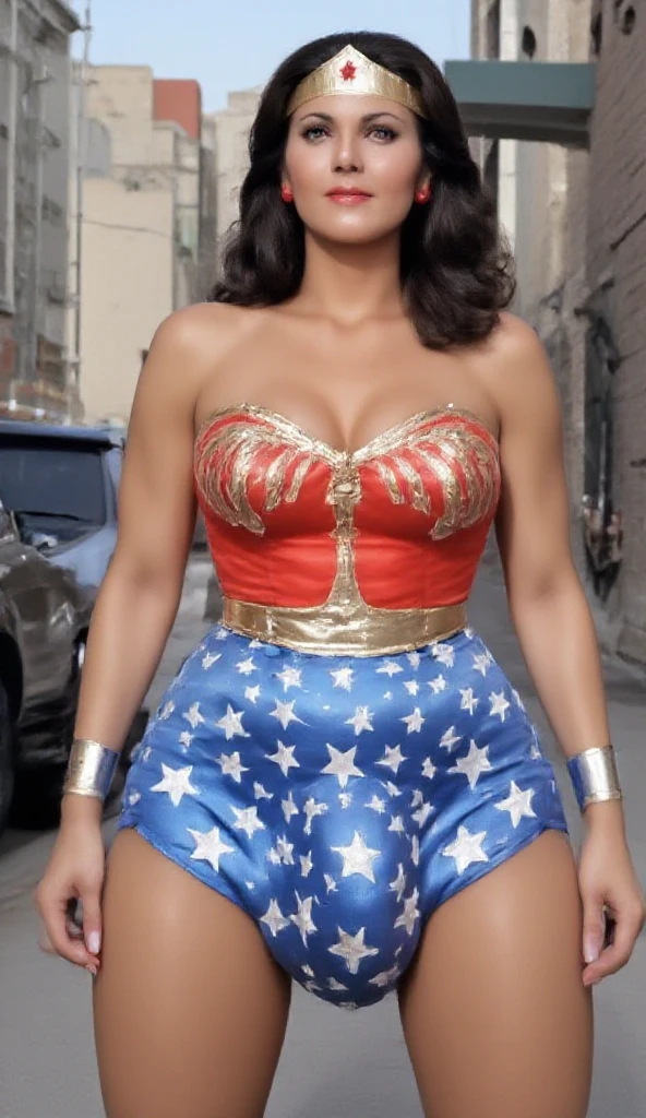 Masterpiece, Best quality, (Solo), (1girl), (photorealistic1.4), (epiCRealLife:1.0), (show large breasts), (show cleavage)),, (European model), (young woman), (JenniferConnelly90). (Wonderwoman768 ), (lynda-carter-ww-costume), (black hair), (blue eyes), (latex bodysuit),, (Wonderwoman768 tiara), ((armored bands), (red lipstick), , (spotlight), (night time), (at night), (flash photography), (on New York Street), (earring), (tiera),