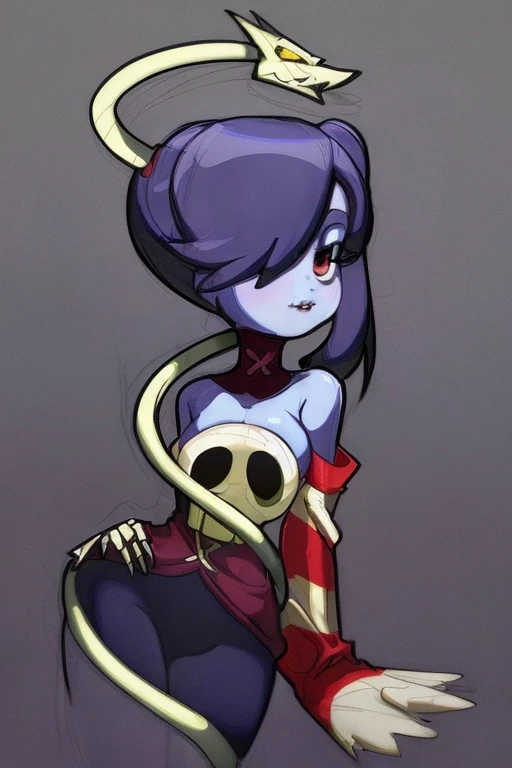 wavy, 1 loli, solo, small breasts, looking at viewer, bare shoulders, open sleeves, hair over one eye, red eyes, side ponytail, a ponytail, loose collar, skull, ((blue skin)), stitches, zombie, striped sleeves, stitched mouth, extremely detailed, highly detailed, perfect face, beauty, perfect eyes ((skeletal arm, vivid tails, big butt, big lips)), baggy eyes, makeup, big eyelashes, cute, adorable , serious, ((leviathan: 1.3)), full body, in lingerie, ecchi anime style, full body art, ecchi style, anime character, kneeling