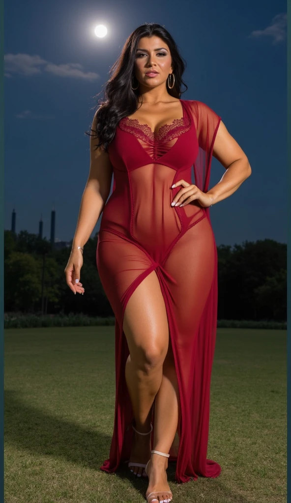 a South Indian woman in a transparent red colour dress is walking in a field, alluring plus sized model, attractive feminine curves, jaw dropping beauty, giant stunning goddess shot, nightgown, sexy gown, jaw-dropping beauty, curvy, curvy model, moonlight night, plus size, moonlit night, in the moonlight, in night, at night with moon light, very curvy