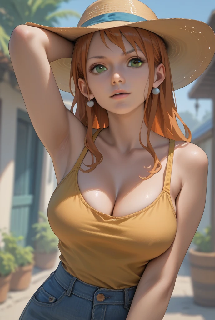 (masterpiece), best quality, expressive eyes, perfect face, (deep jungle background), (standing at the ship's wheel), (smirk), (cleavage view), (1girl, 18 years old, Nami (one piece), fair skin, orange hair, brown eyes, hourglass figure, thin body, skinny body, petite_body, large breasts, huge breasts, oppai, large cleavage, wide hips, thick thighs), (nami (one piece), nami strong world outfit, short hair, pigtails, exposed cleavage, green striped shirt, red shirt, sleeveless, croptop, thin neck strap, bracelet, minishorts), 