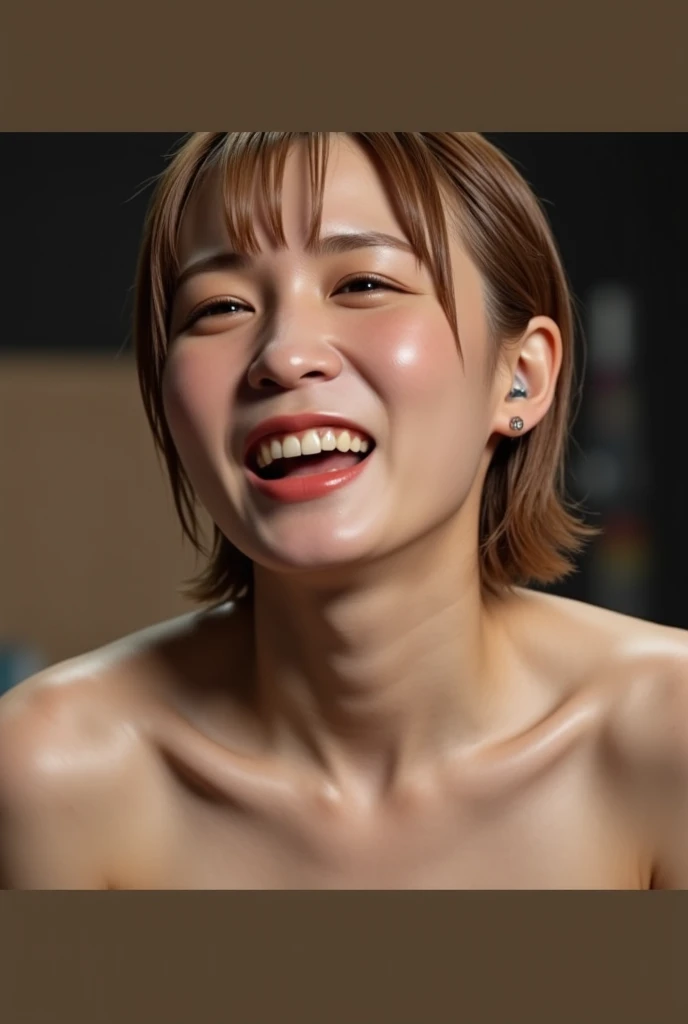 highest quality, masterpiece, Ultra-high resolution, realistic:1.3, solo, completed nude, white background, arms behind back, ((cowboy shot)), from front, (wet skin), ((Clear Face)), looking at viewer, short stature, age 25, (flat chests), white hair, smile