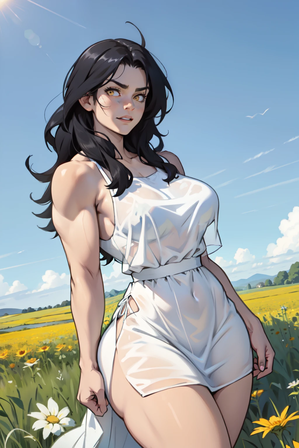 muscular huge breasts thick thighs sunny field sky clouds black hair yellow eyes sundress black hair yellow eyes pale skin solo flowing hair