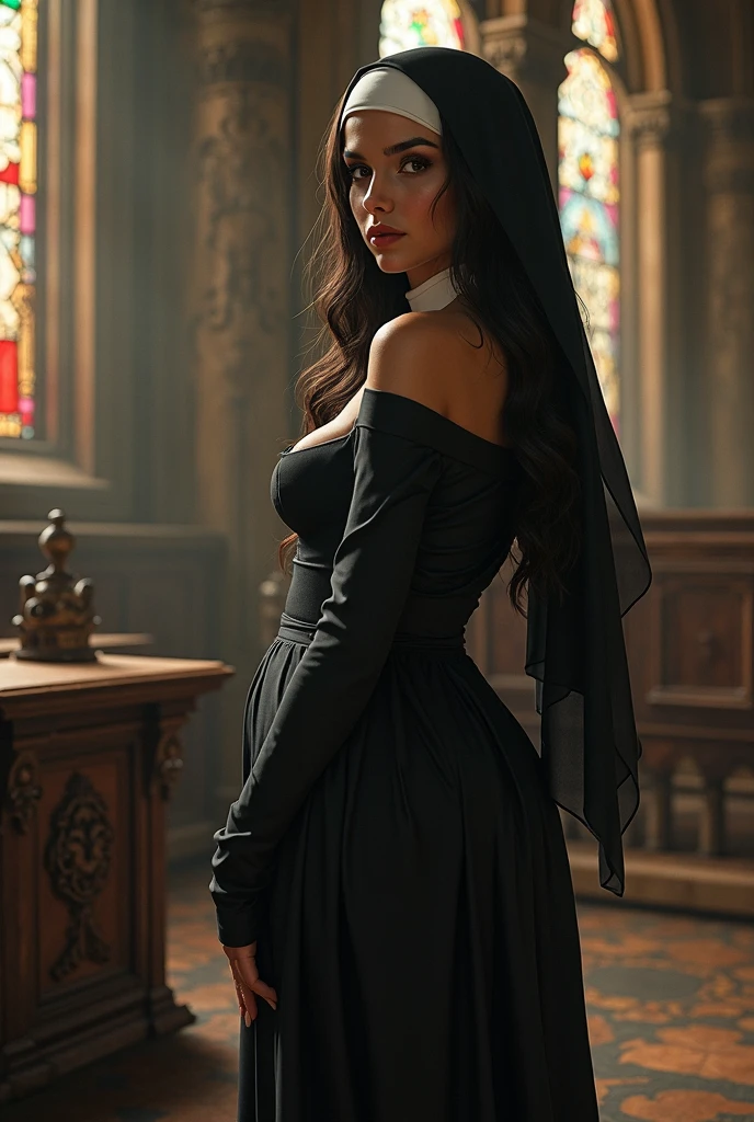 Fantasy (Best quality:1.1),(Realistic:1.0),(highly details:1.0), ghost, transparent, ethereal, female, attractive face, medieval maid garb, exposing breasts, Medieval Style, view of inside of a small study, background, cinematic, trending on artstation, Clyde Caldwell, matte painting,LegendDarkFantasy,