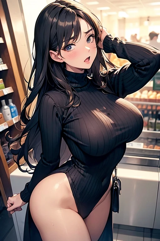(from above:1.2),(from side:0.9), ((Face)), (Close-Up:0.4), masterpiece,"A 26-year-old girl stands at a bar counter. She is dressed in a stylish off-shoulder dress, sweater dress, off-shoulder sweater, red sweater,garter stocking, midriff, red skirts, black thighhighs, thigh strap, pretty girl, (highly detailed beautiful face and eyes,firm breasts),real skin,((black,hair,long pony tail hair)),thin pubic hair,cute and lovely pose, detailed eyes, This masterpiece is only visually stunning but also tells,(double breasted:0.6,under bust:0.6,cleavage:1.1,),(small breasts:1.2),(perky chest:1.1), (pointed chest:1.3), medium hips, glamorous body,(with sparkling eyes and a contagious smile),open mouth. The bar is beautiful, with colorful bottles of alcohol in the background and a soft glow from neon lights. The atmosphere is relaxed, and the girl looks confident and fashionable.",full body, sexy pose,make a cocktail , in a bar counter, Looking at Viewer,