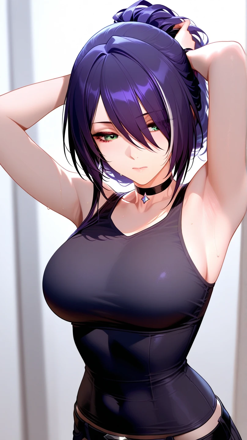 Nyotengu with black dress and black hair, bright and light purple eye irises, beautiful purple eyes, Tekken style character, photorealistic anime girl rendering, 3d anime girl, 3d realistic anime, Realistic 3D anime style, 3d anime style, seductive anime girl, soft anime cg art, seductive beautiful anime woman, render of a cute 3d anime girl, Christmas tree in the background and Christmas decorations in the setting