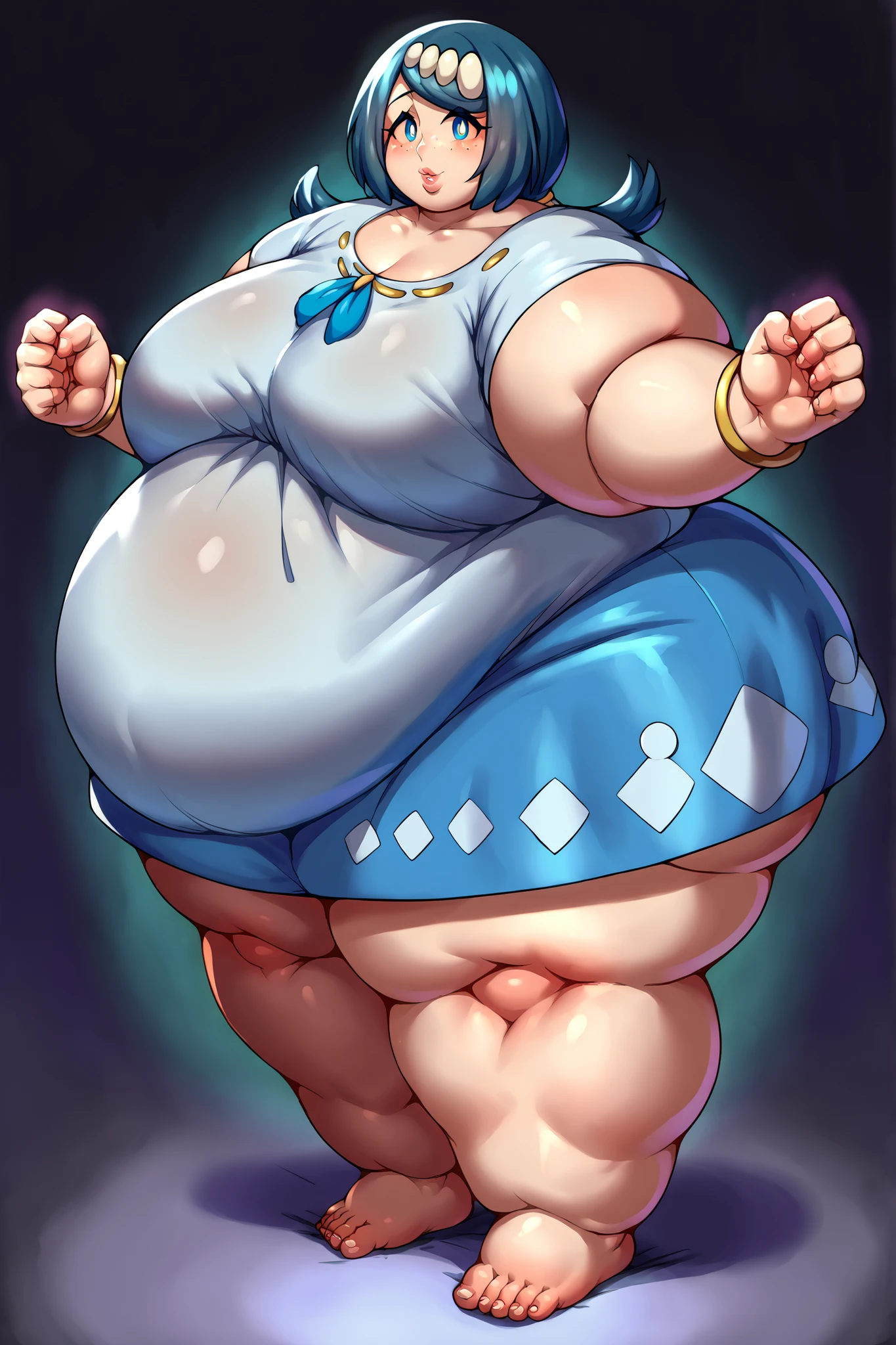 score_9, score_8_up, score_7_up, source_anime, pokemonmotherlana, pokemonmotherlana, blue eyes, blue hair, freckles, hair ornament, long hair, swept bangs, bright pupils, blouse, blue skirt, bracelet, collarbone, dress, jewelry, long skirt, shirt, short sleeves, skirt, white shirt, giant hands, giant feet, fat, chubby, obese, gigantic arms and legs, gigantic breasts, sagging breasts, full body shot, fat face, chubby face, double chins, big lips